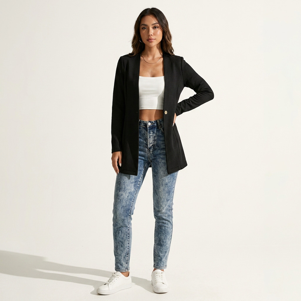 Textured Knit Single-Button Longline Blazer