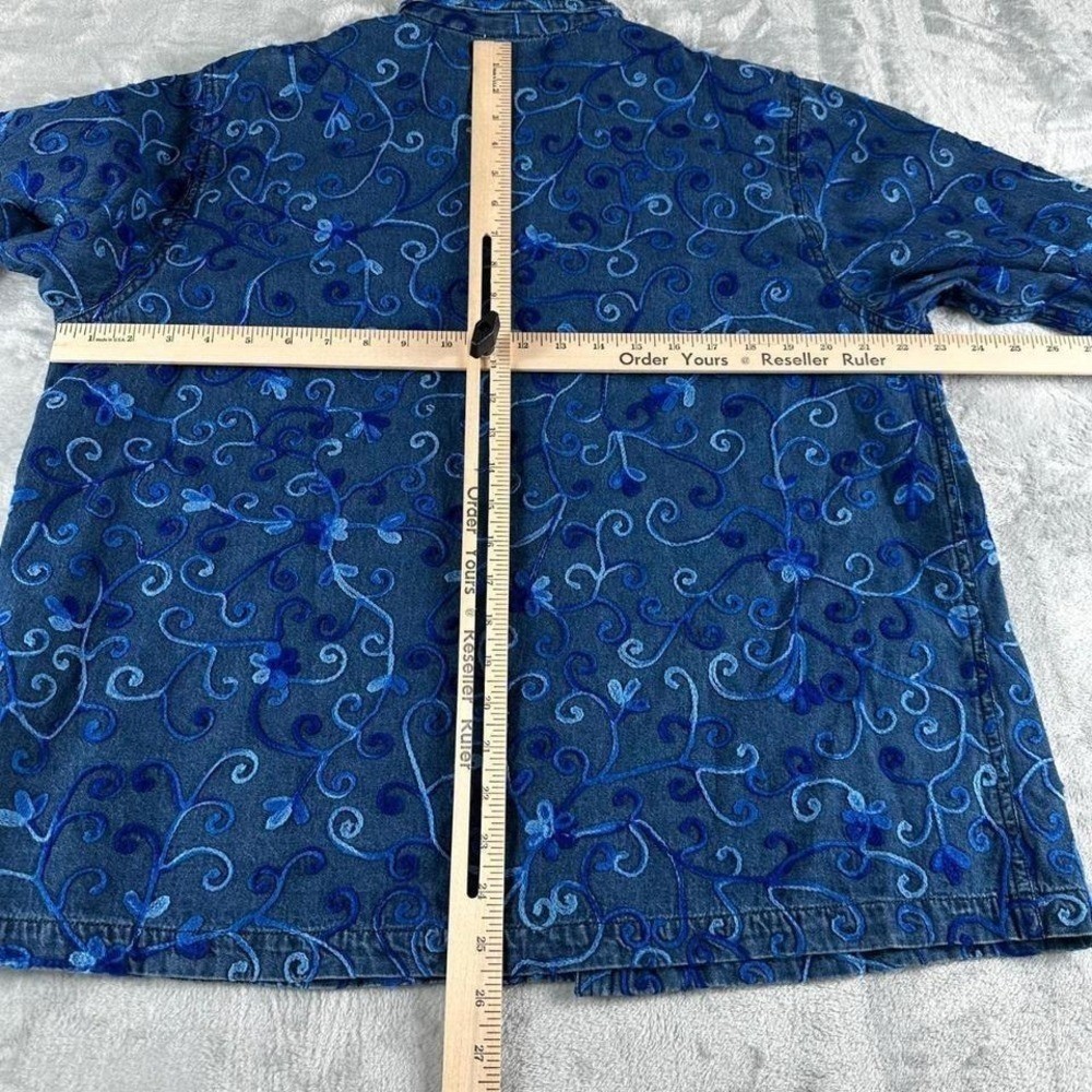 April Cornell Denim Jacket Women L Blue Embroidered Cotton Boho Cottagecore Art