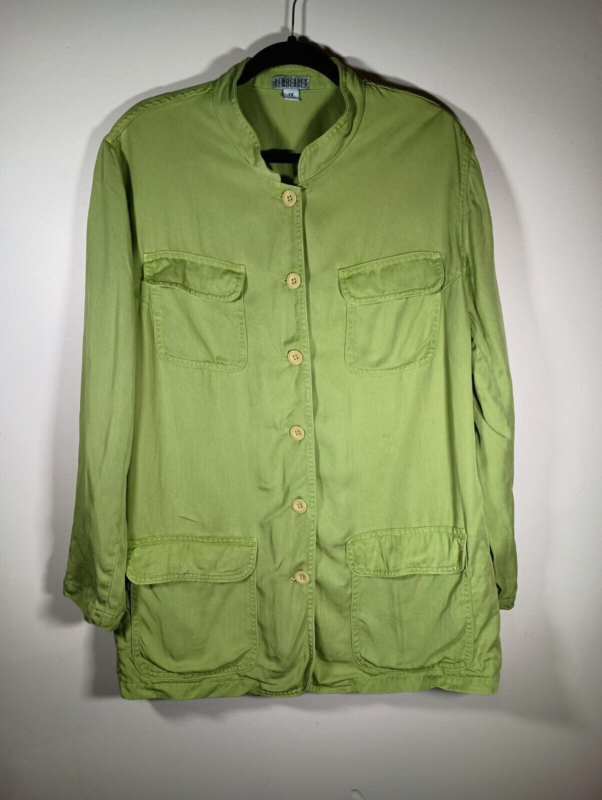 Democracy Vintage Y2K Womens Military Unlined Lime Green Jacket Cargo Size 1X