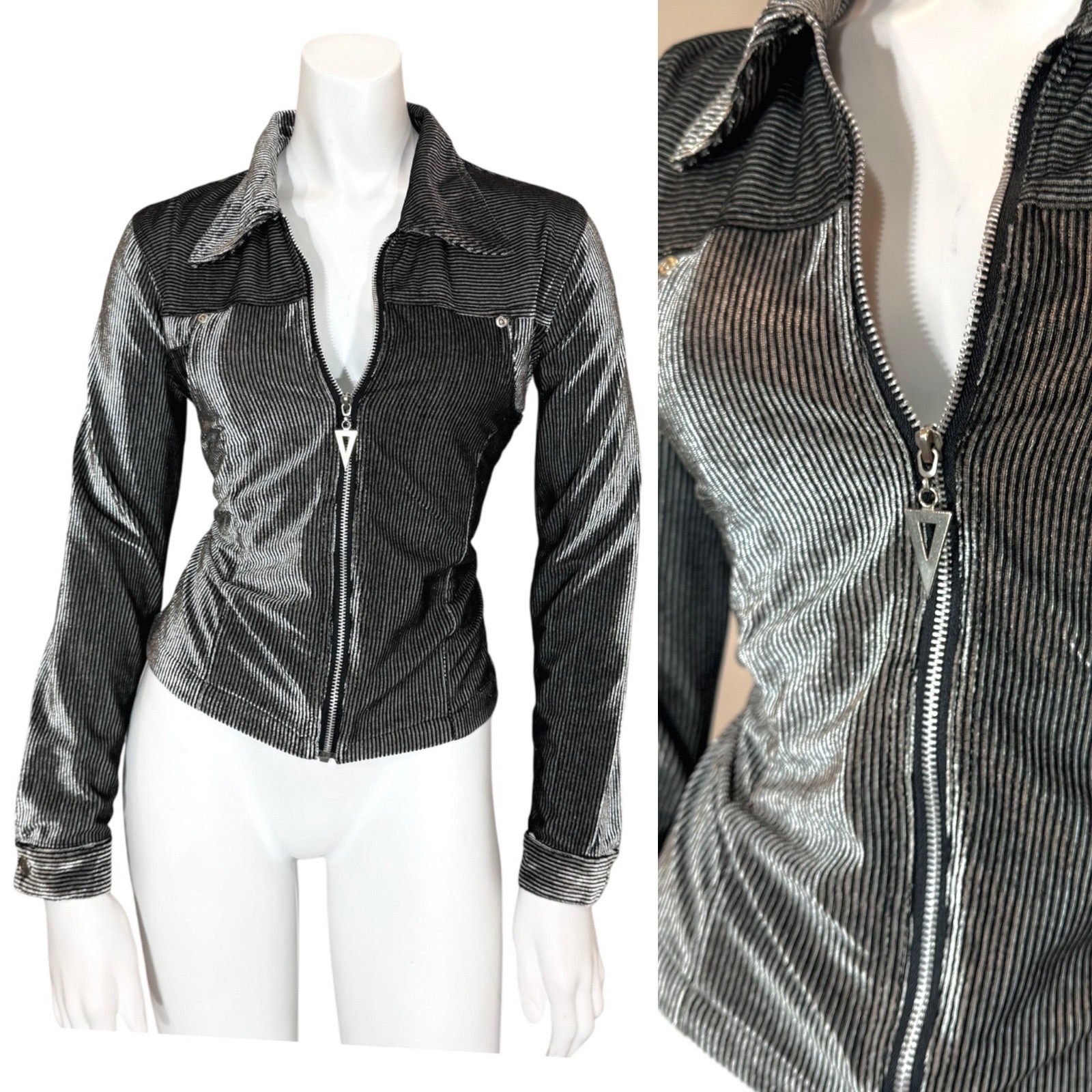 Vintage 90’s STRIPED VELVET SHIRT JACKET S Y2K Zipper Collar Pockets Rave Grunge