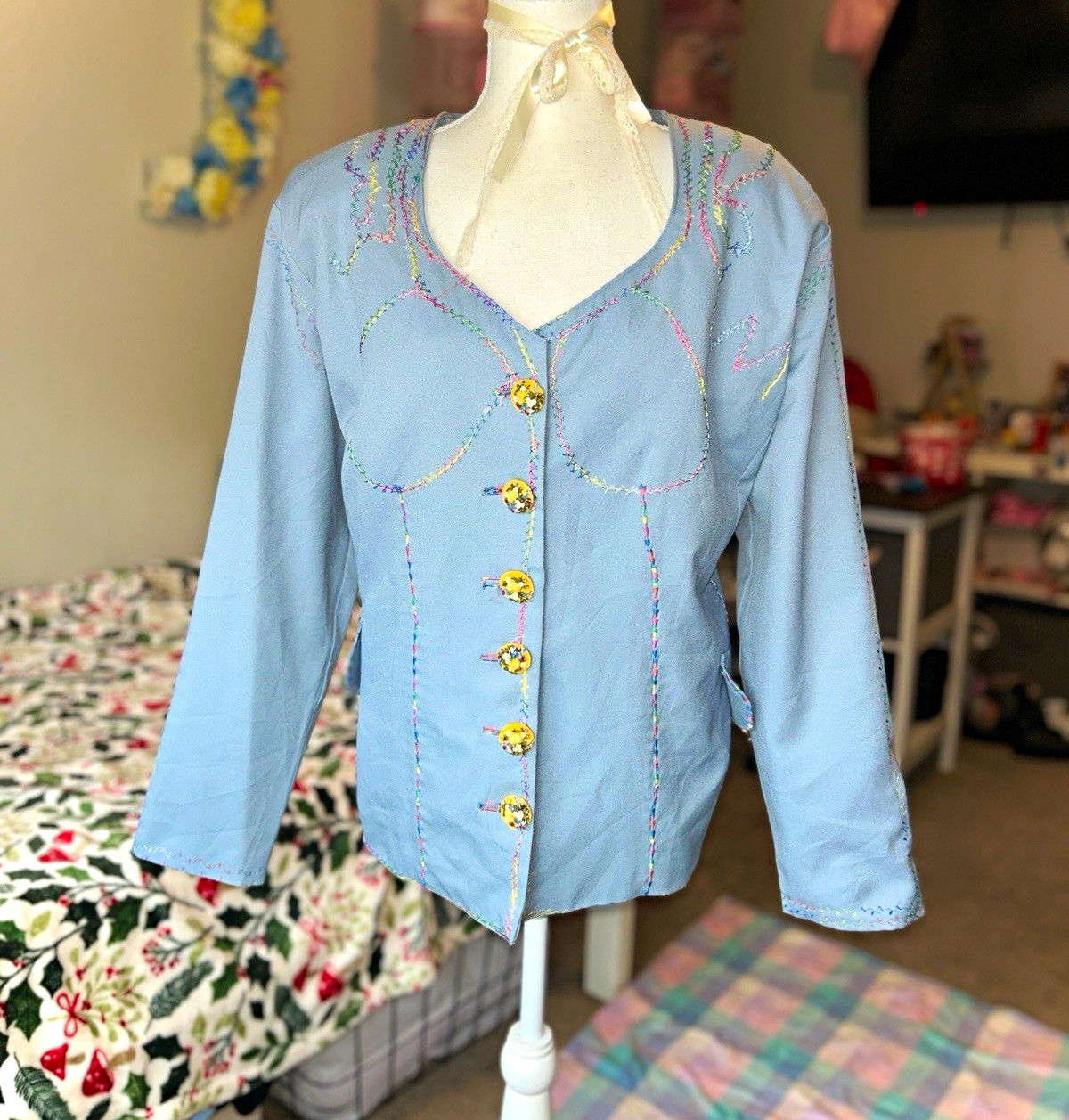 Vintage Blue Embroidered Jacket Blouse Teacher Core Grandmacore Artsy