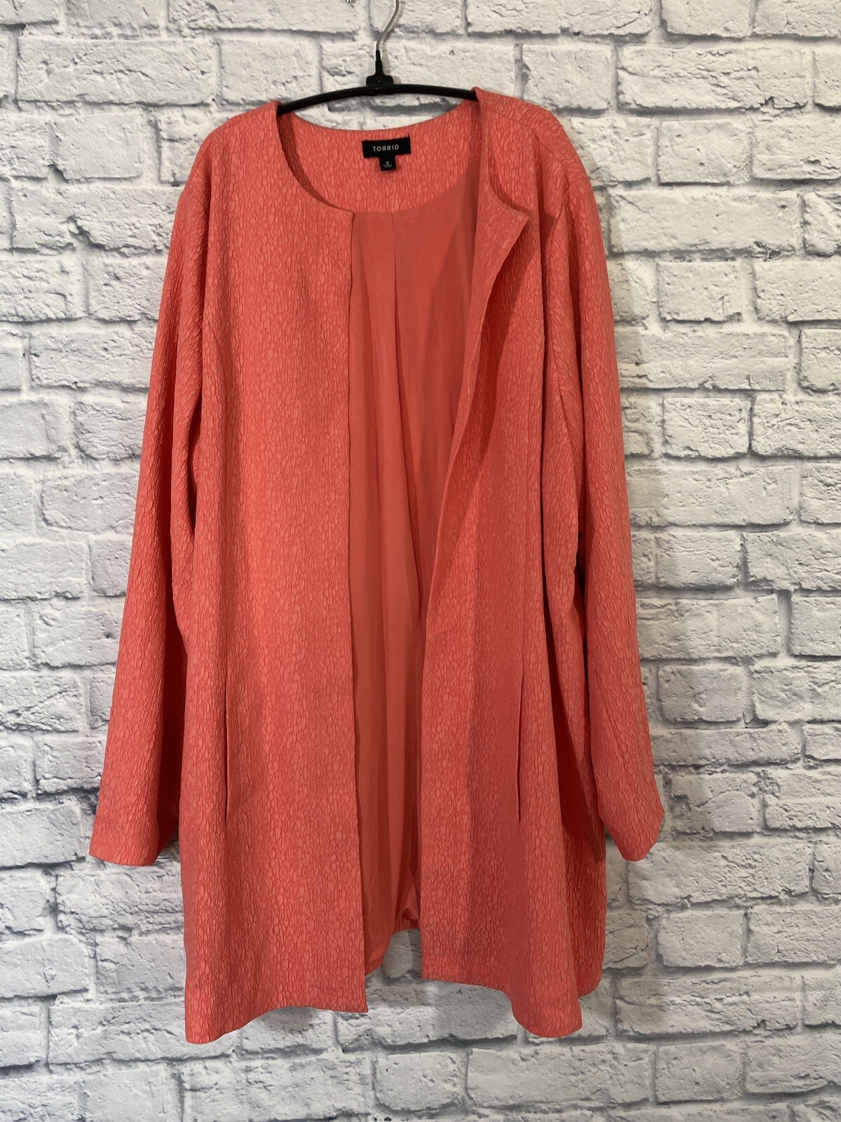 Torrid Long Jacquard Coat 3 (22,24) Open Front Coral Pockets Textured Lined