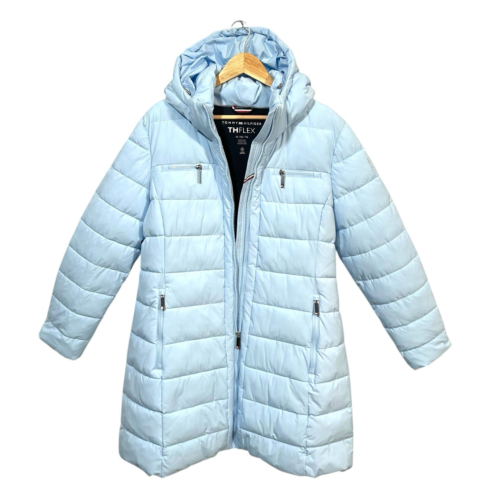 Tommy Hilfiger Womens Long Puffer Jacket Winter Coat XL Light Blue Zip Pockets