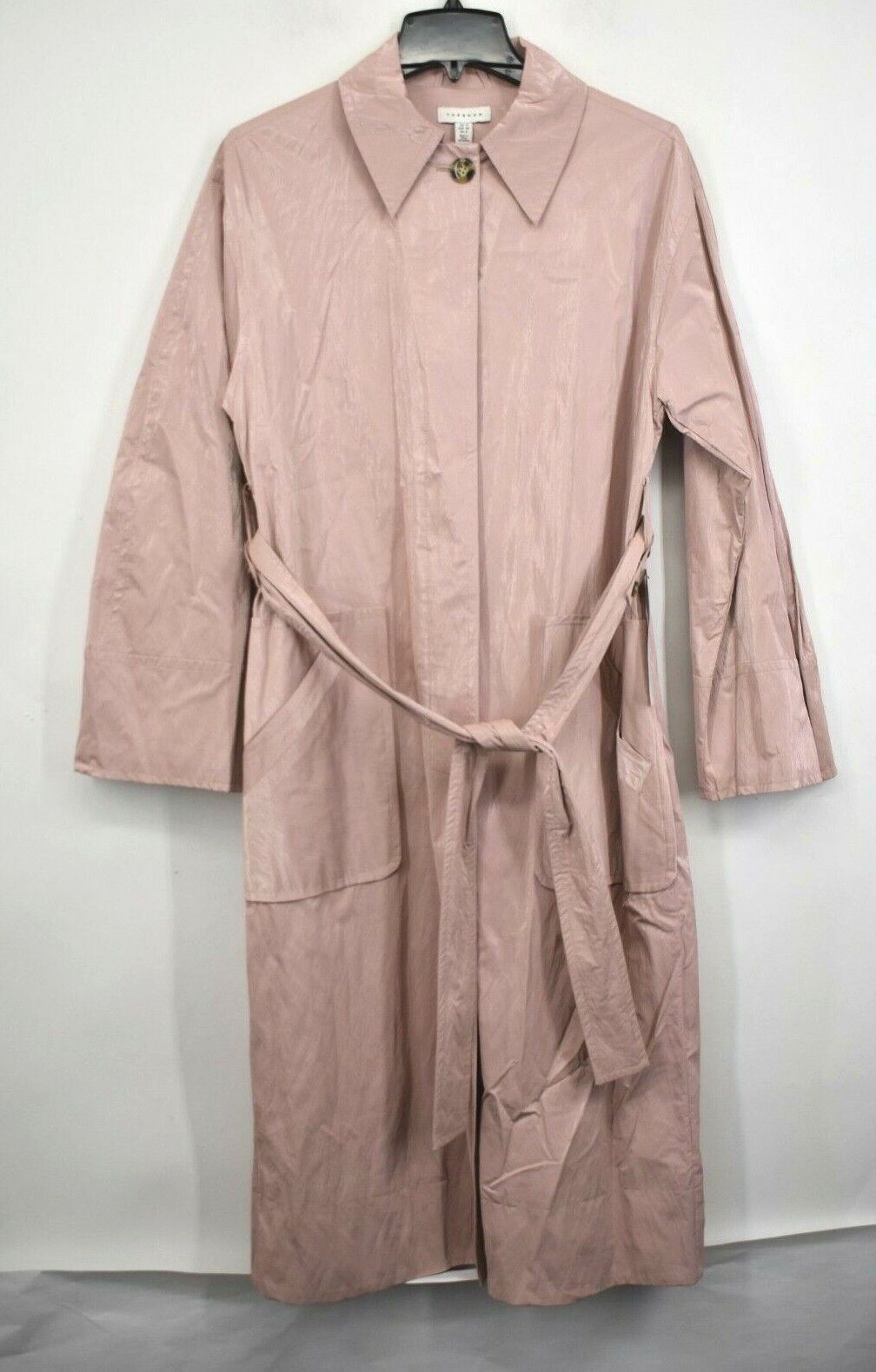 Topshop Women Pink Contrast-Button Tie Belt Straight Hem Crinkled Vinyl Coat 8