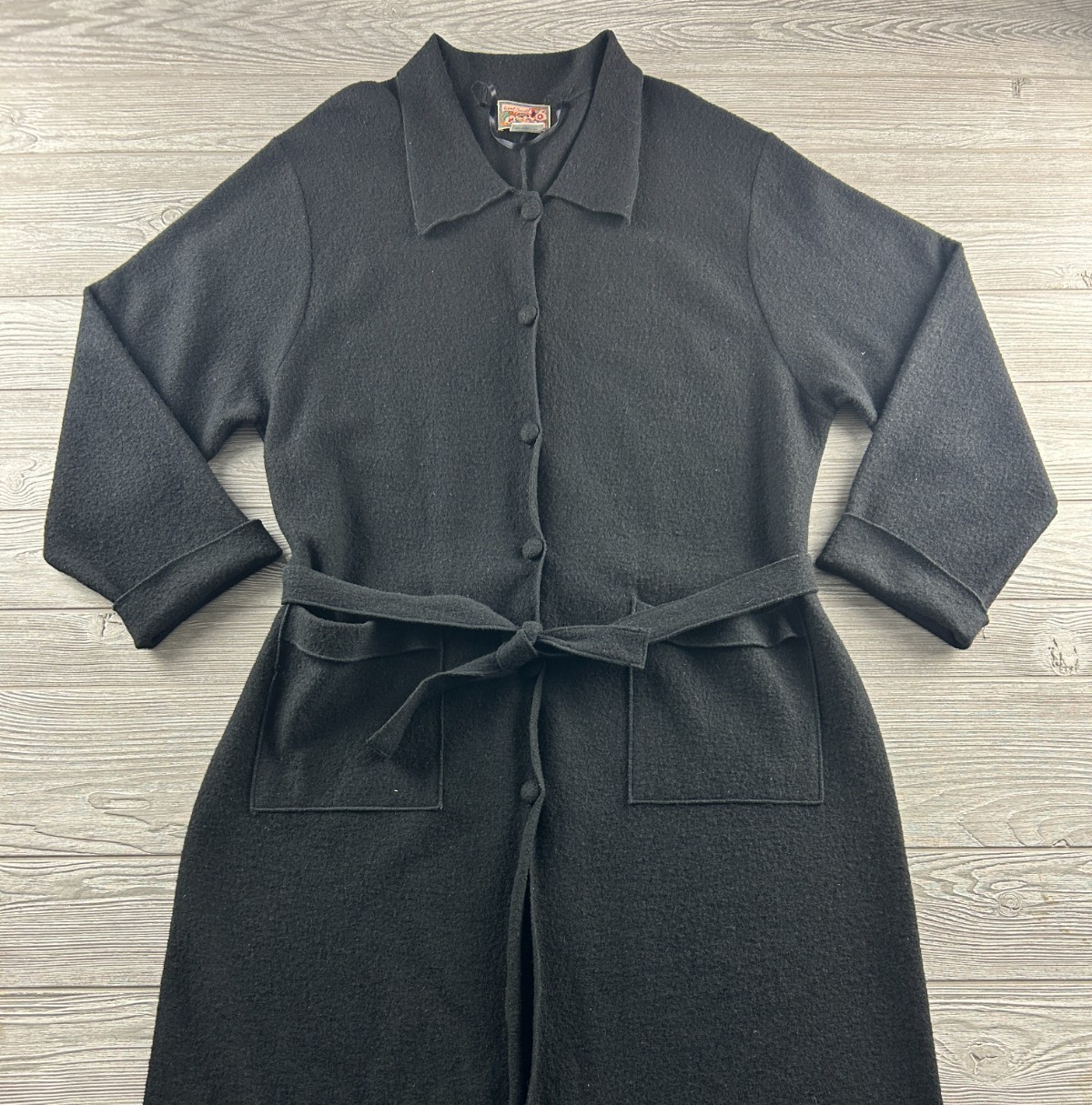 April Cornell Women’s Size ML Black Wool Women’s Coat Button Up Long Tie Waist