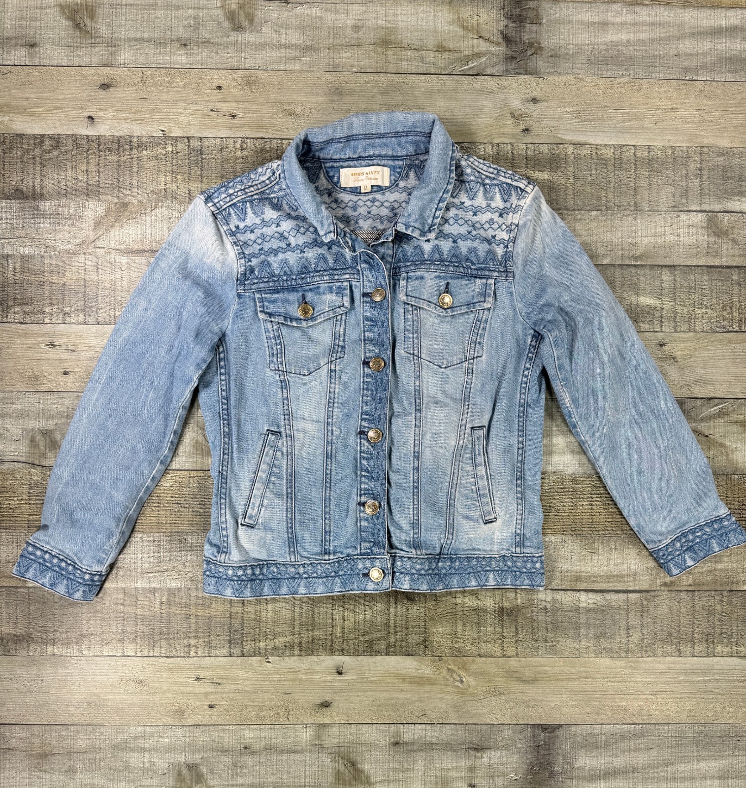 Miss Sixty Jacket Womens Medium Blue Denim Embroidered Boho Stretch Morocco