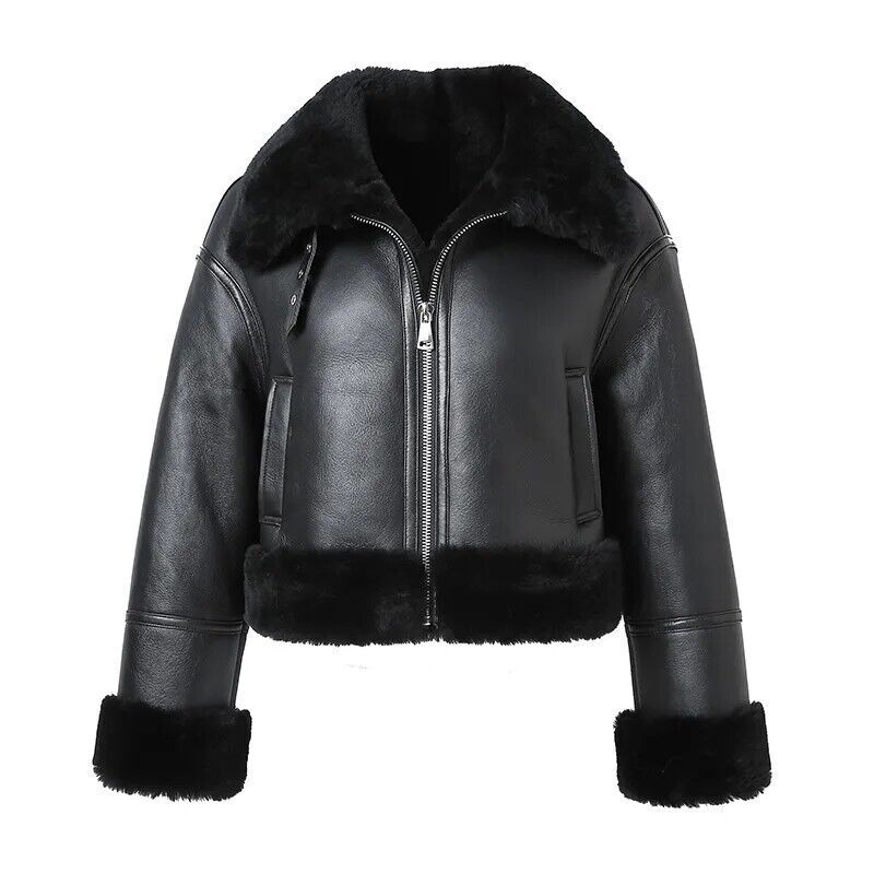 Womens B3 Bomber Black Shearling Leather Jacket Aviator Pilot Flying Style Coat