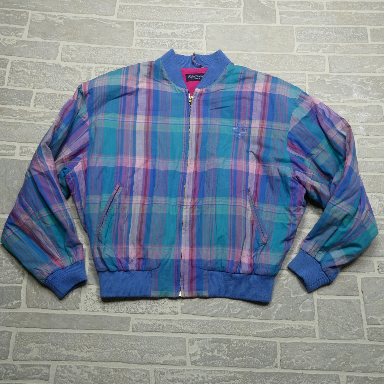 VINTAGE Madras Baseball by Gant Jacket Womens XL Blue Purple Plaid Bomber