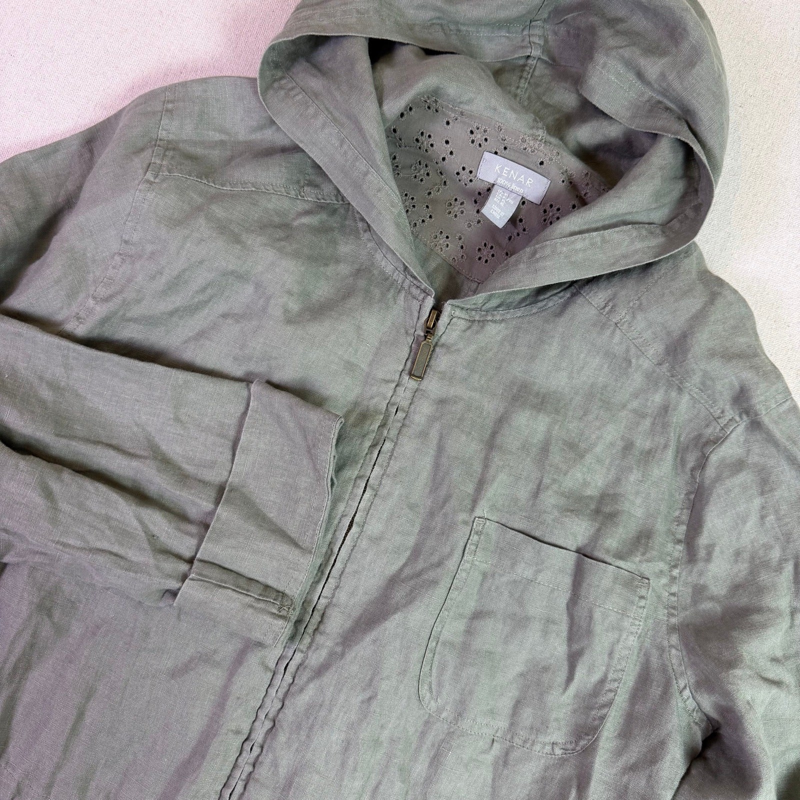 Kenar Linen Utility Field Jacket Womens XL Sage Green Fisherman Coastal Hooded