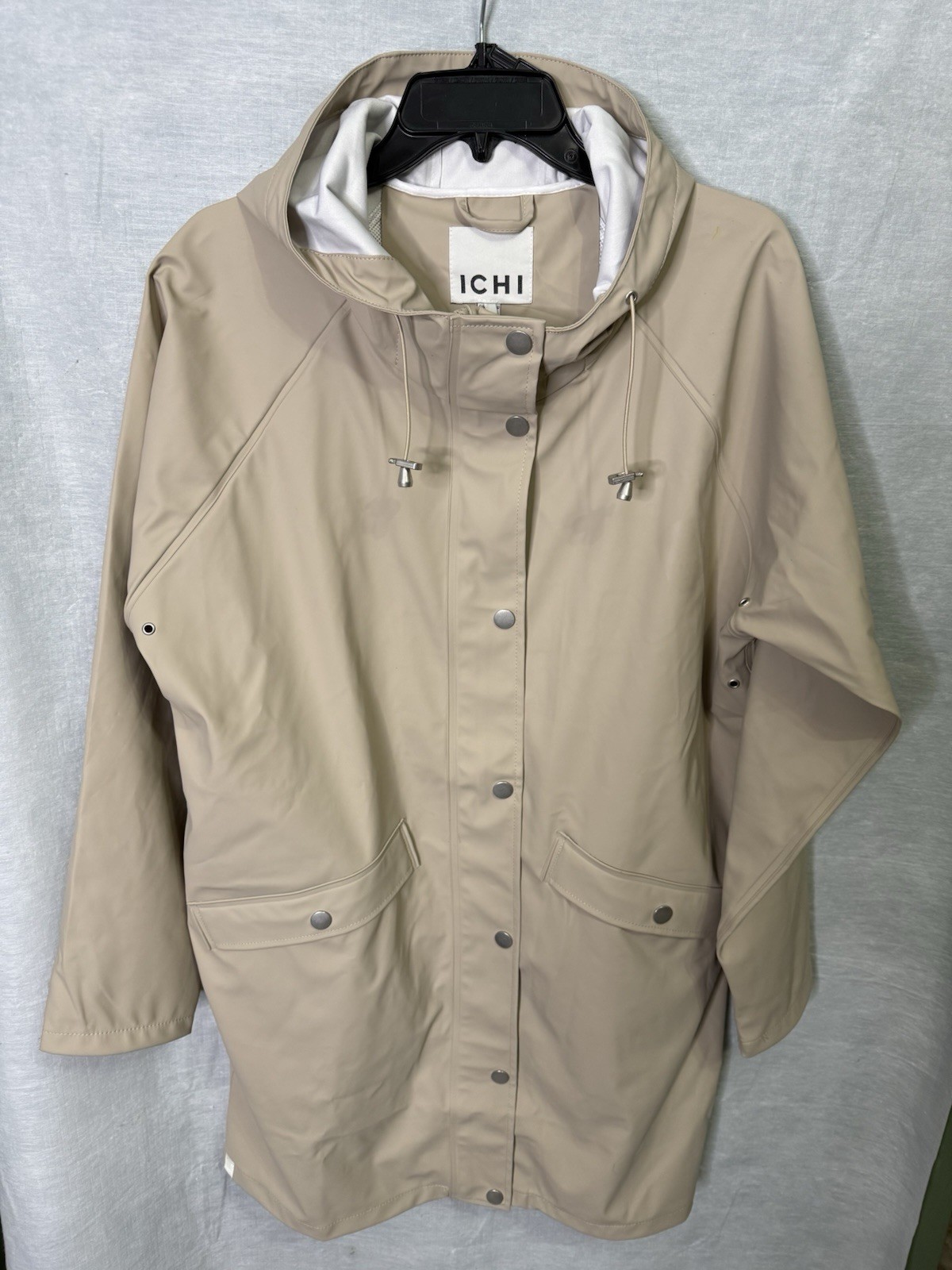 ICHI Women’s NWT Khaki Rain Coat Lined Full Zip/Snap Breathable Size Large