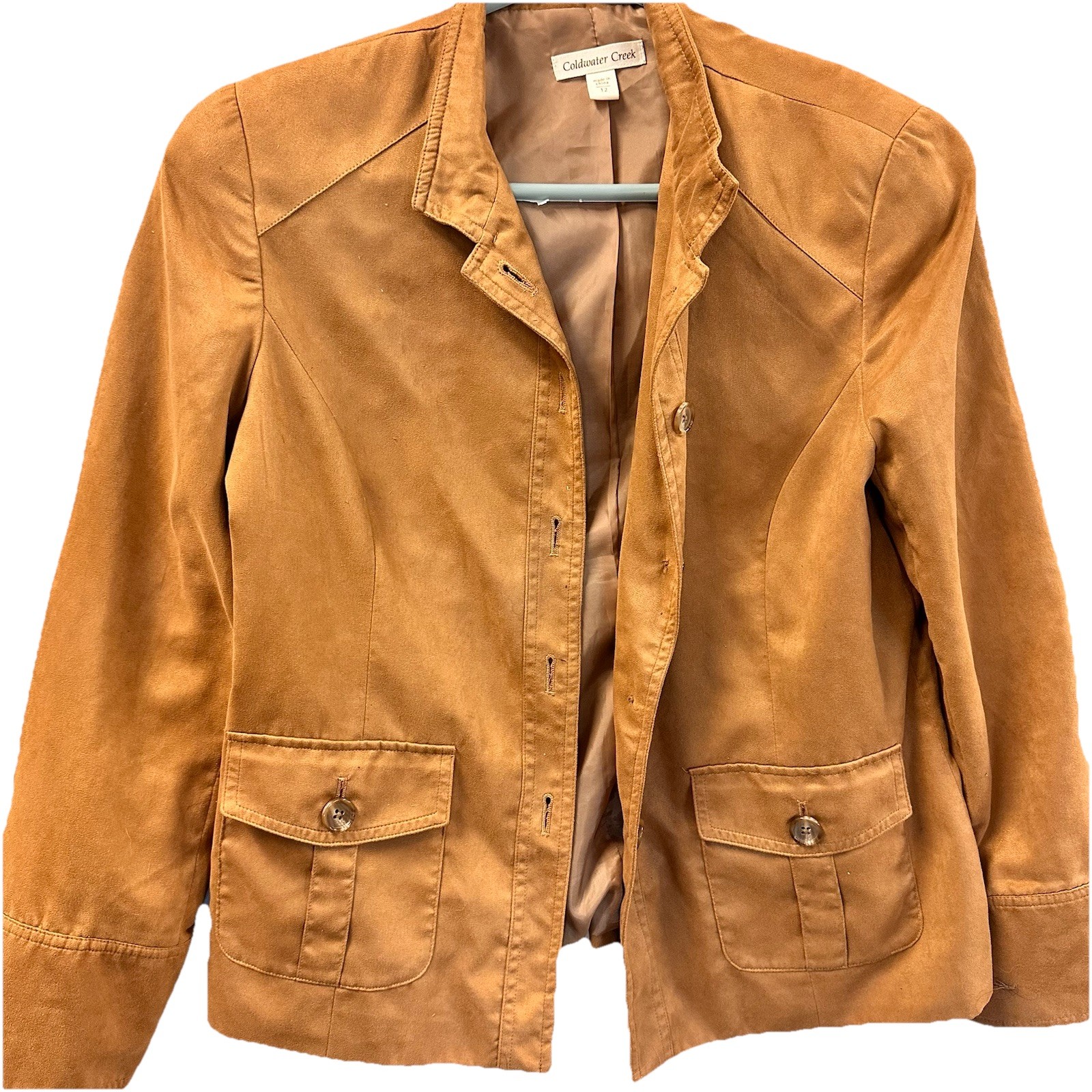 Coldwater Creek Faux Suede Jacket Womens 12 Tan Button Up Front Pockets