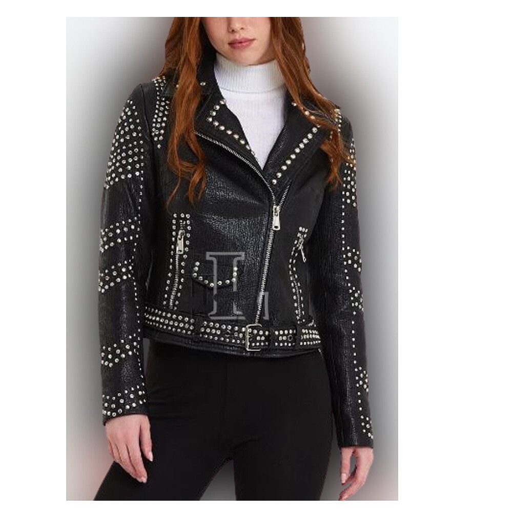 Handmade Women Black Studded Genuine Leather Jacket In Slim Fit Designed