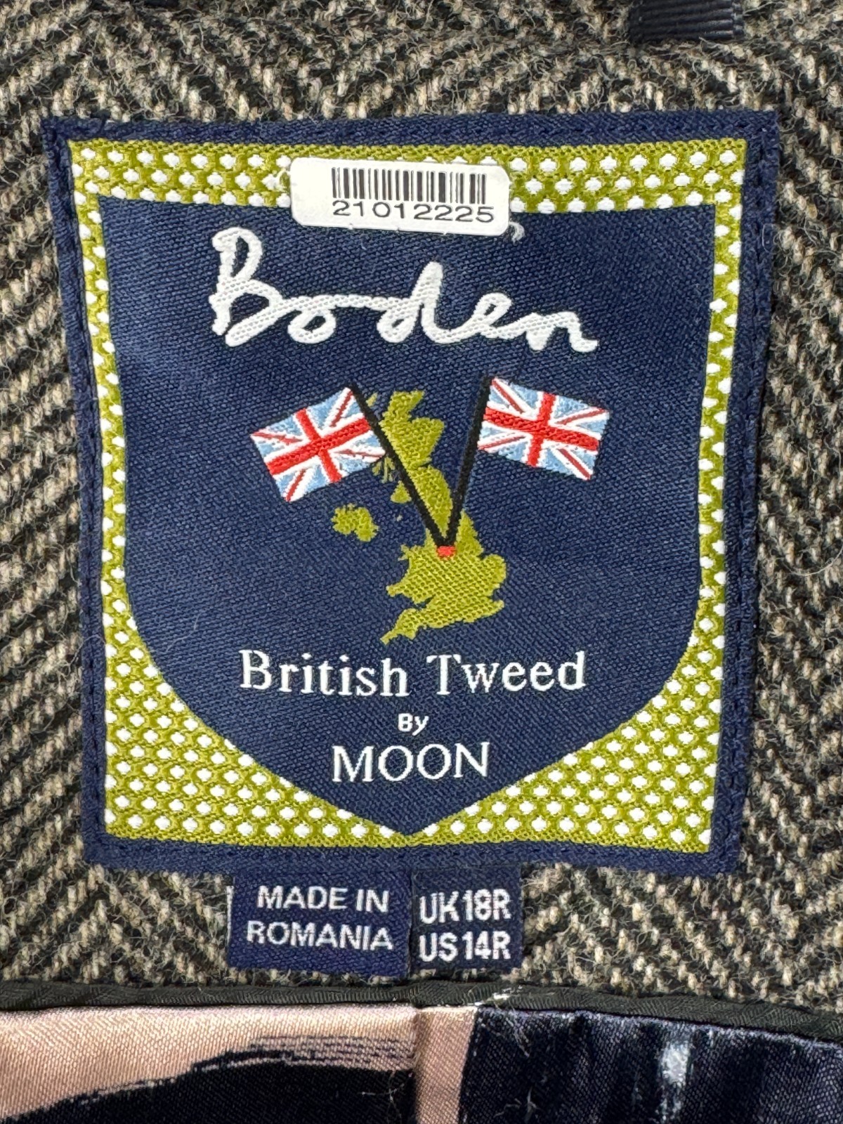 Boden British Tweed By Moon Women’s Blazer 14R Black Herringbone Pockets Jacket