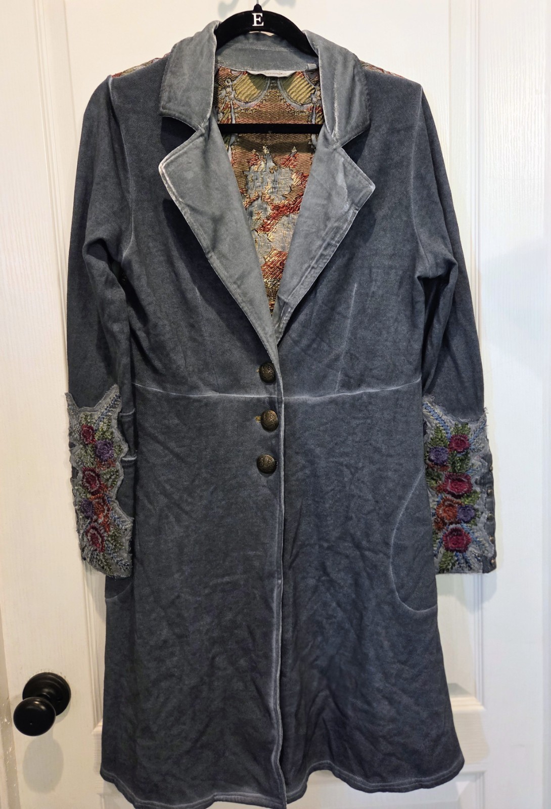 Soft Surroundings Blue Velour Knit Coatigan Tapestry Back Embroidered Women’s M