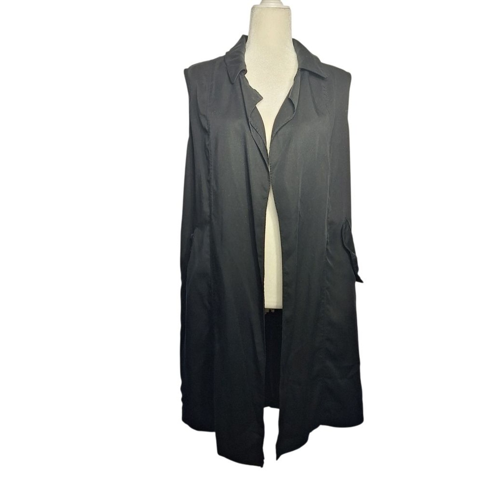 Philosophy Black Duster Vest Sleeveless Open Front Medium Long Womens