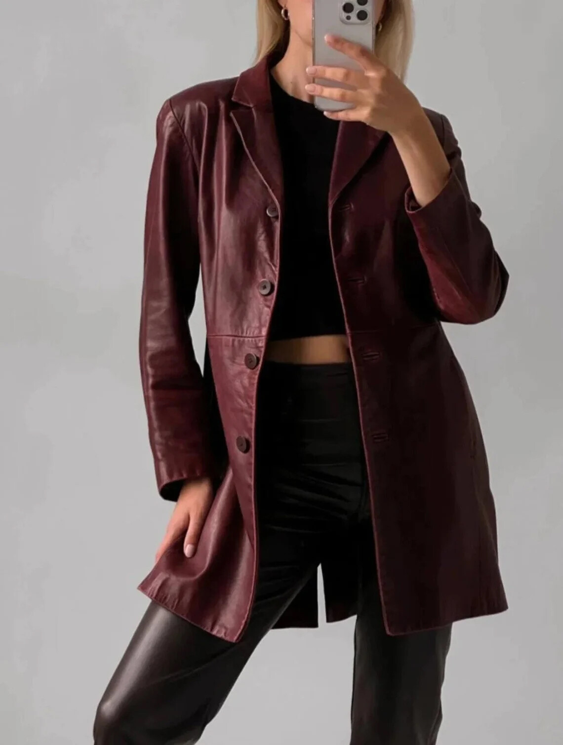 womens classic oversized maroon leather trench long coat soft natural leather