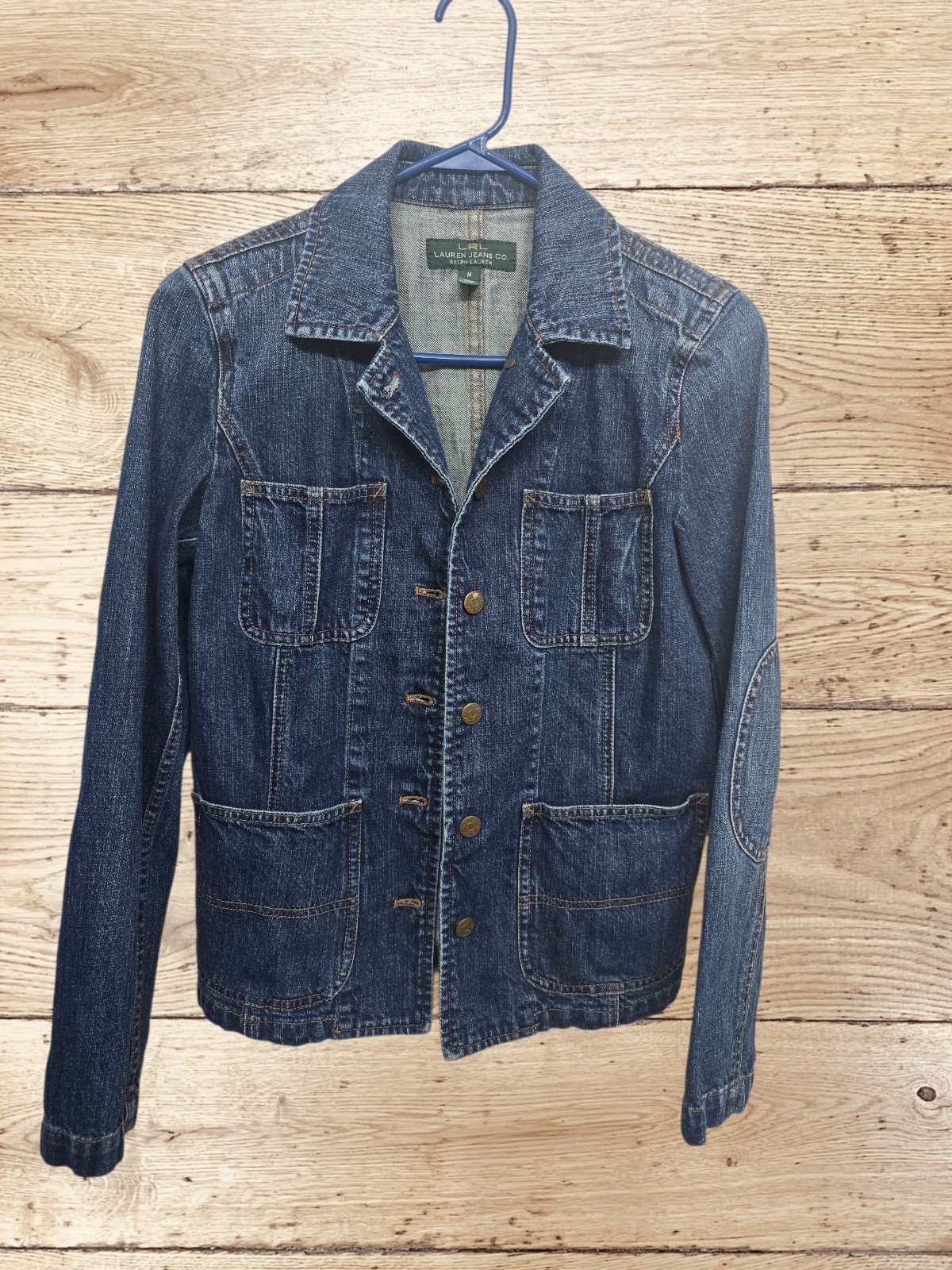 VTG Lauren Ralph Lauren Women’s Medium Denim Chore Coat Elbow Patch Button Front