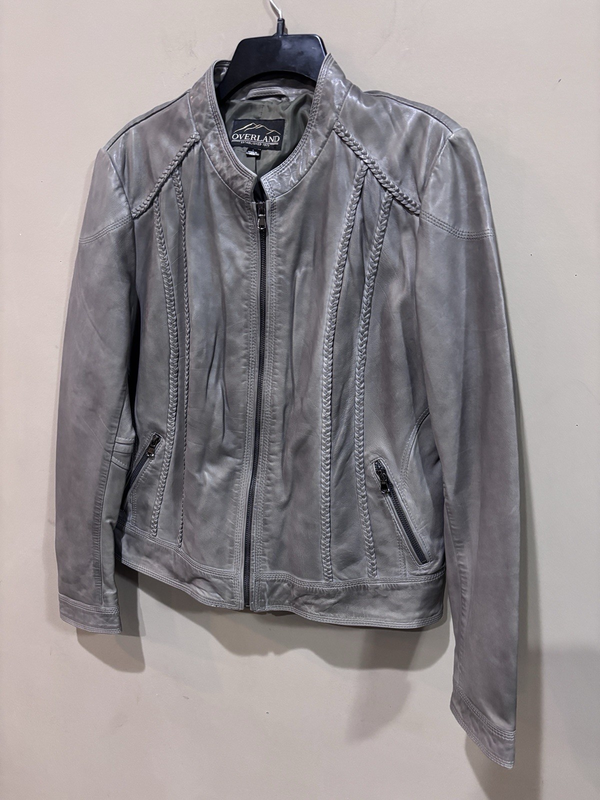 Overland 100% Lamb Leather Jacket Gray Braided Detail Women’s Size L