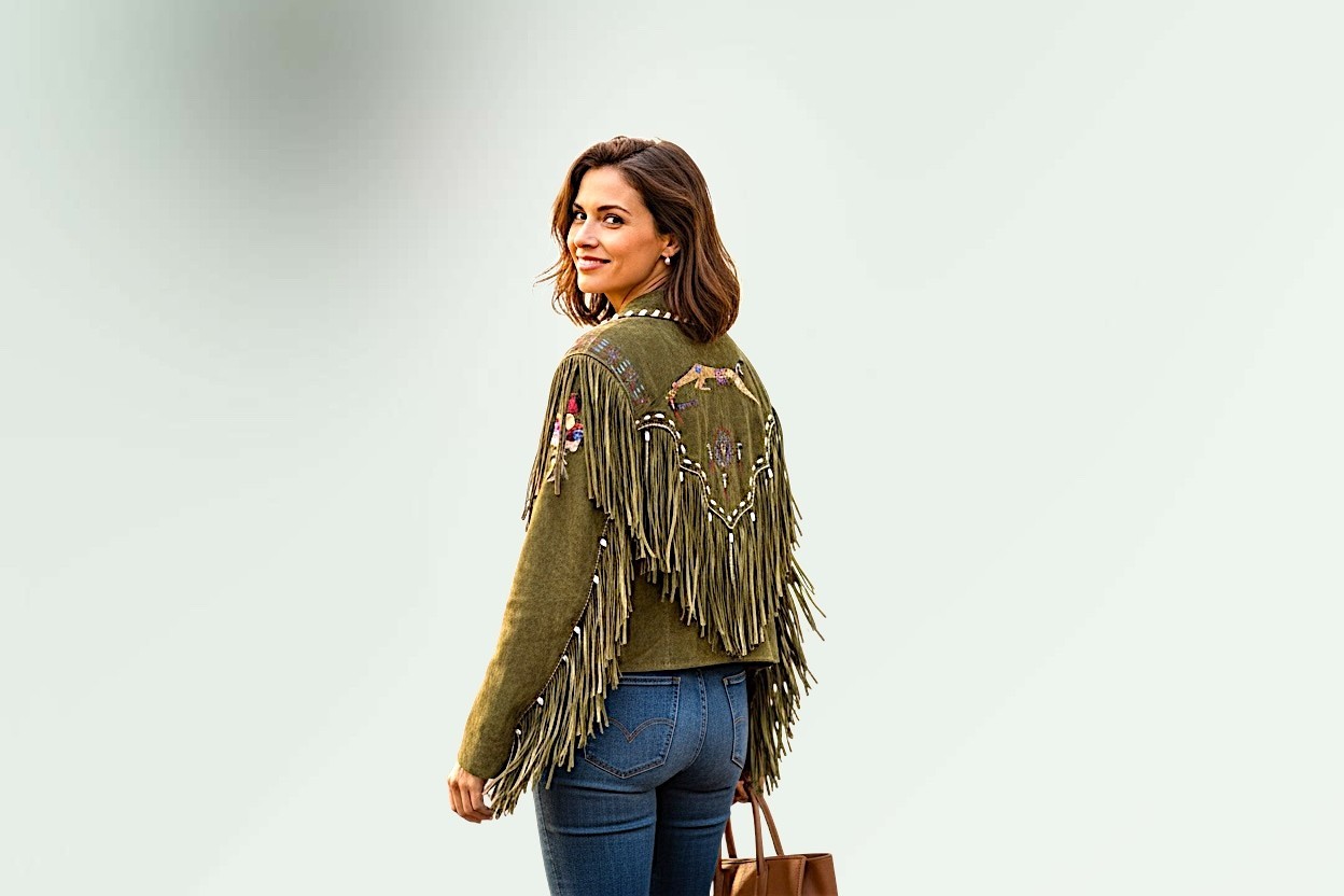 Green Suede Leather Fringed Hand Painted Jacket Patty Lewis Medium