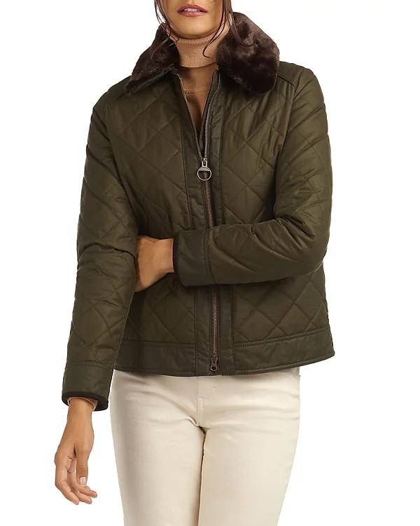 Barbour GLENCOE Green Waxed Quilted Zip Up Faux Fur Collar Bomber JACKET 18