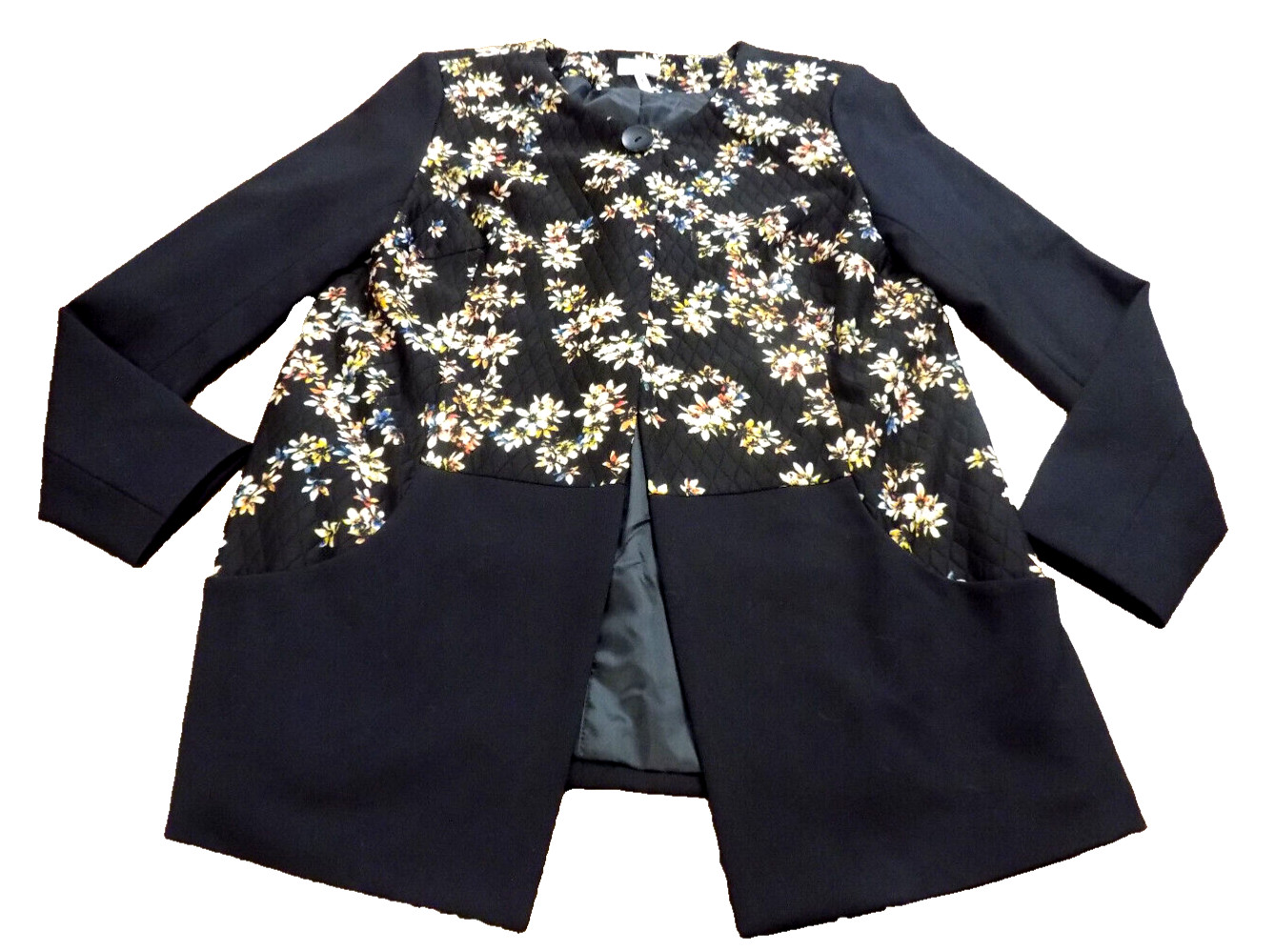 LOGO Lori Goldstein Floral Quilted Solid black sleeves Blazer Jacket 1 button 6