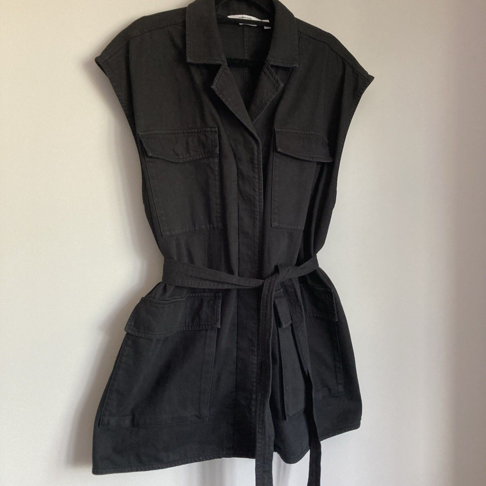 & Other Stories Belted Denim Jacket Black Large Sleeveless Gilet Chore Utility
