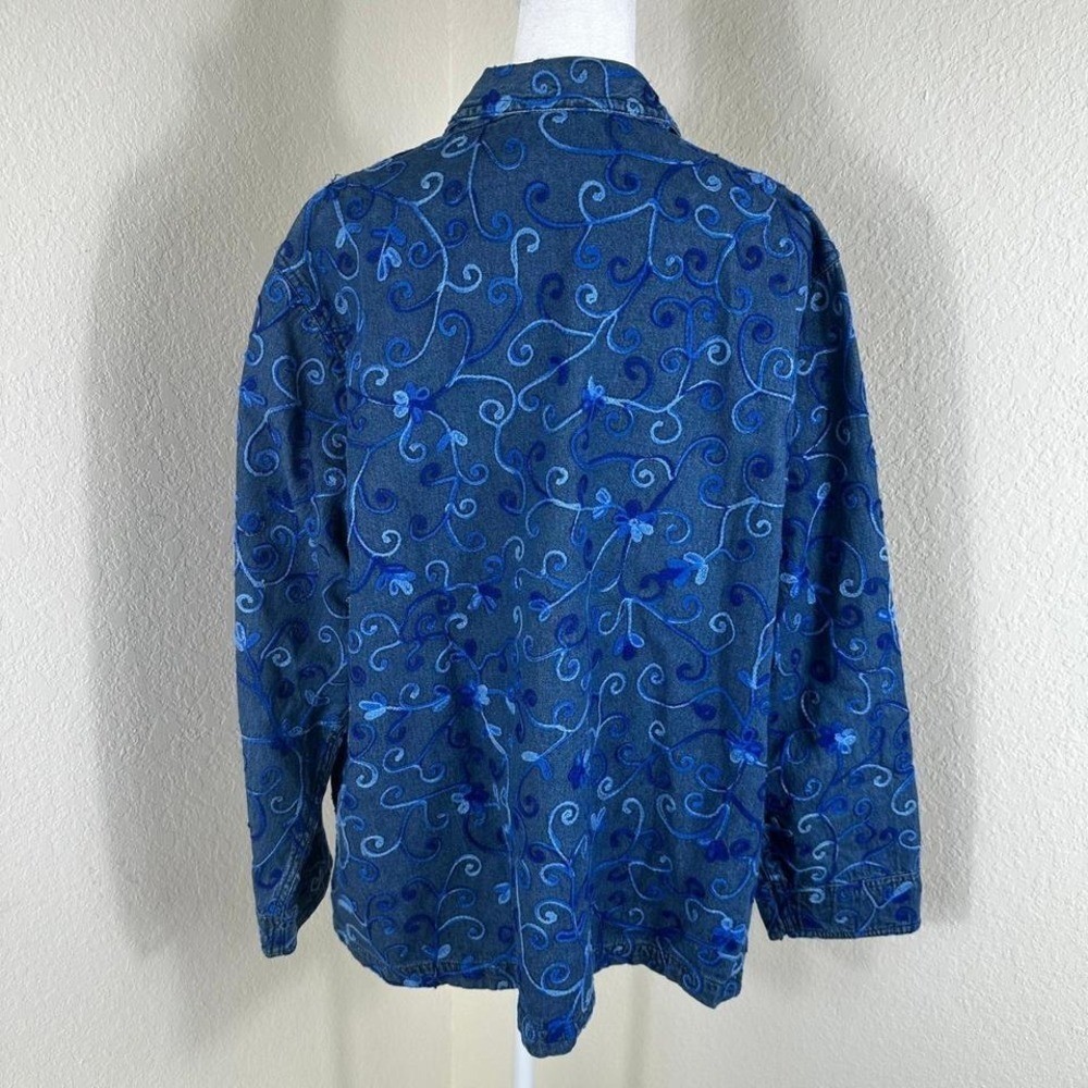April Cornell Denim Jacket Women L Blue Embroidered Cotton Boho Cottagecore Art