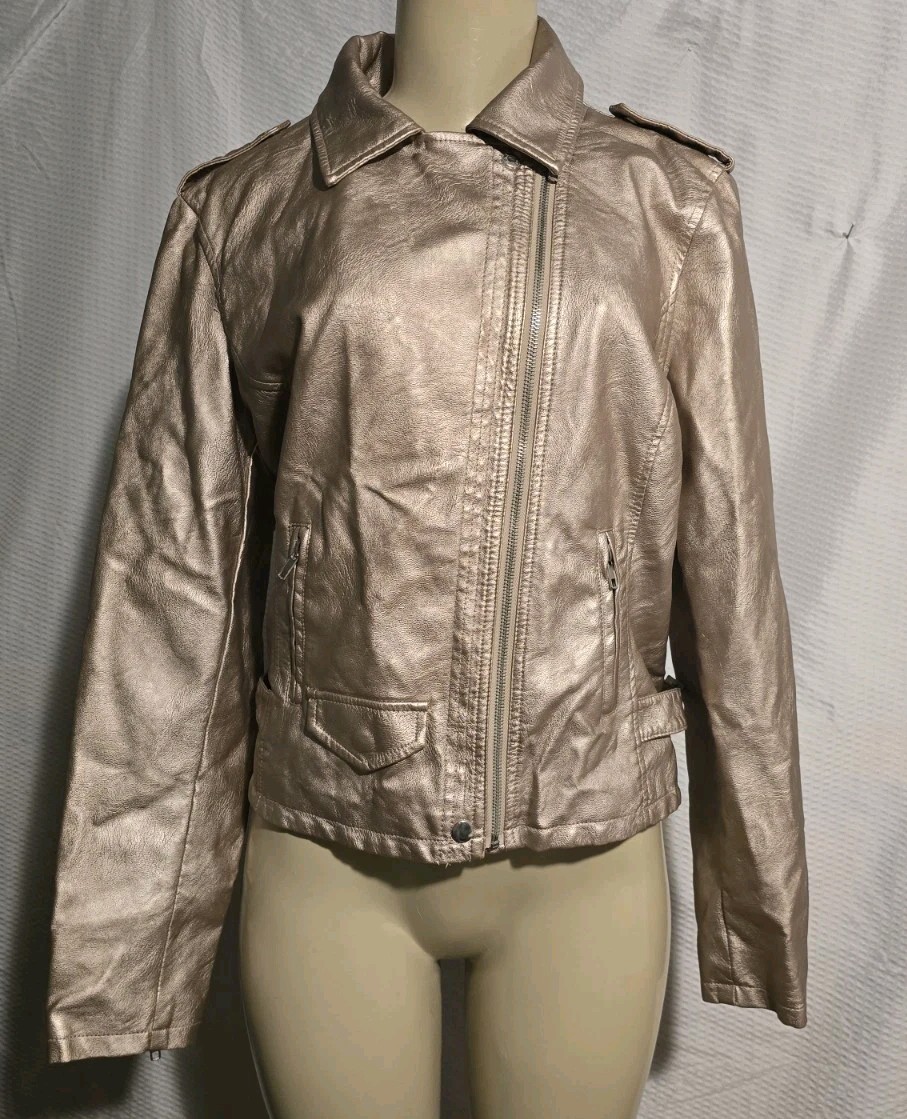 NWT Bacinni Womens Bomber Moto Jacket Faux leather Size L Champagne