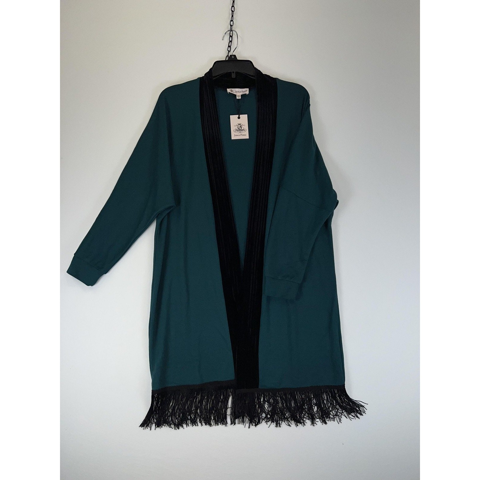 Jorge Perez Cardigan Womens Missy Teal Black Velvet Trim Fringe Open Duster NWT