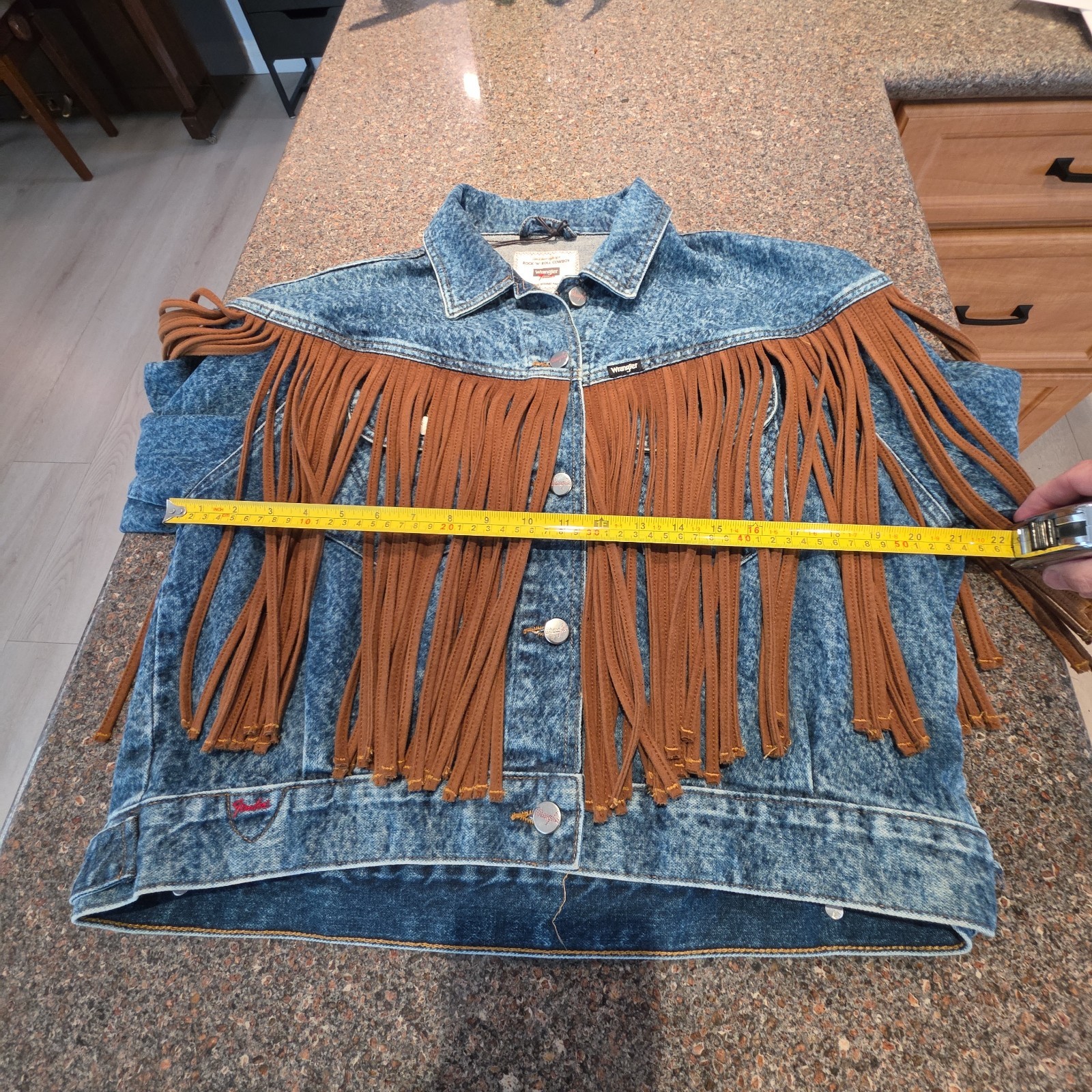 Wrangler X Fender Blue Acid Denim Jacket Leather Fringe Wmns S All Cotton NWOT