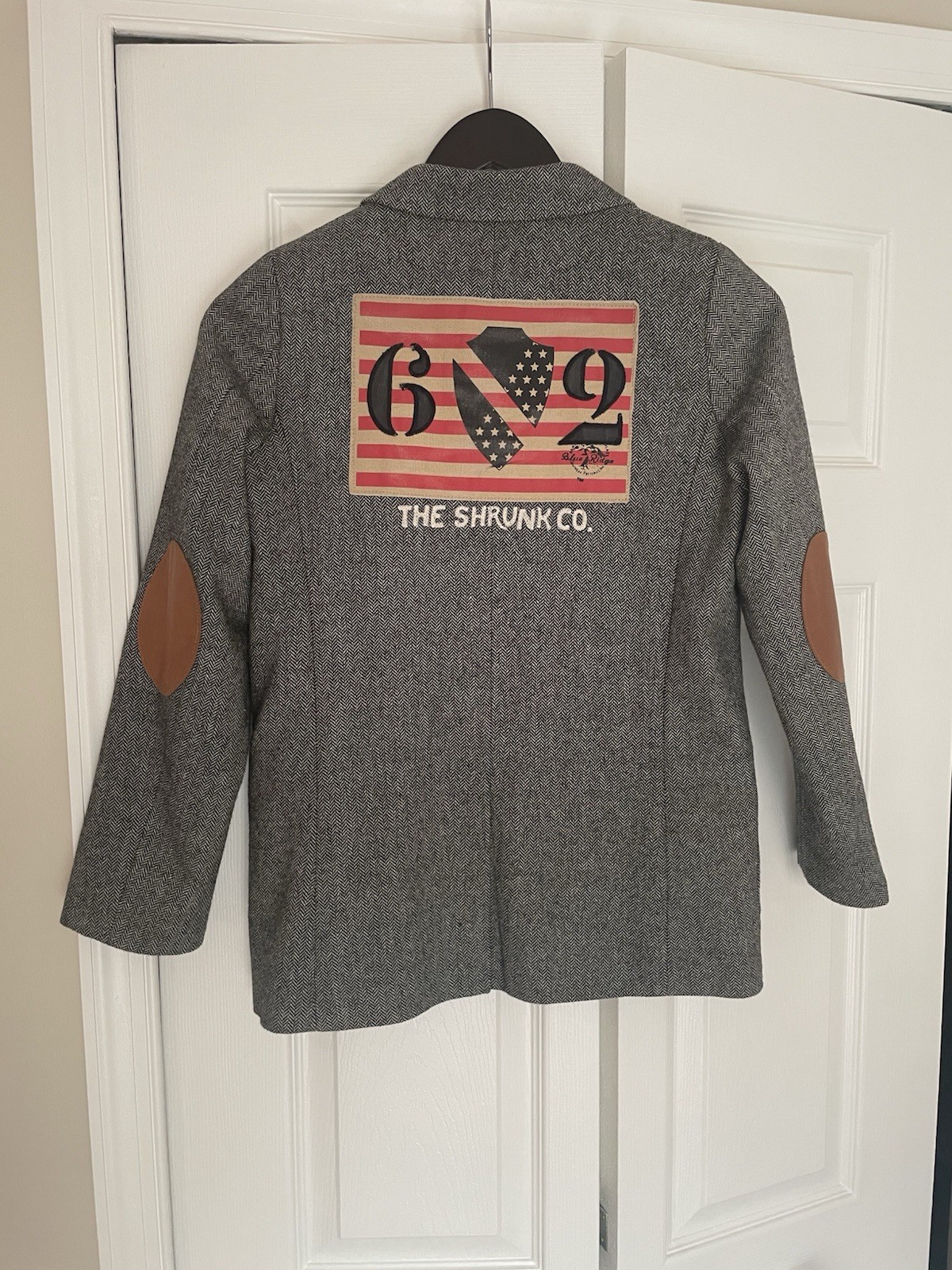 Scotch Shrunk Girl Blazer 12/152 Brown Herringbone Leather Patch 62 Blue Ridge