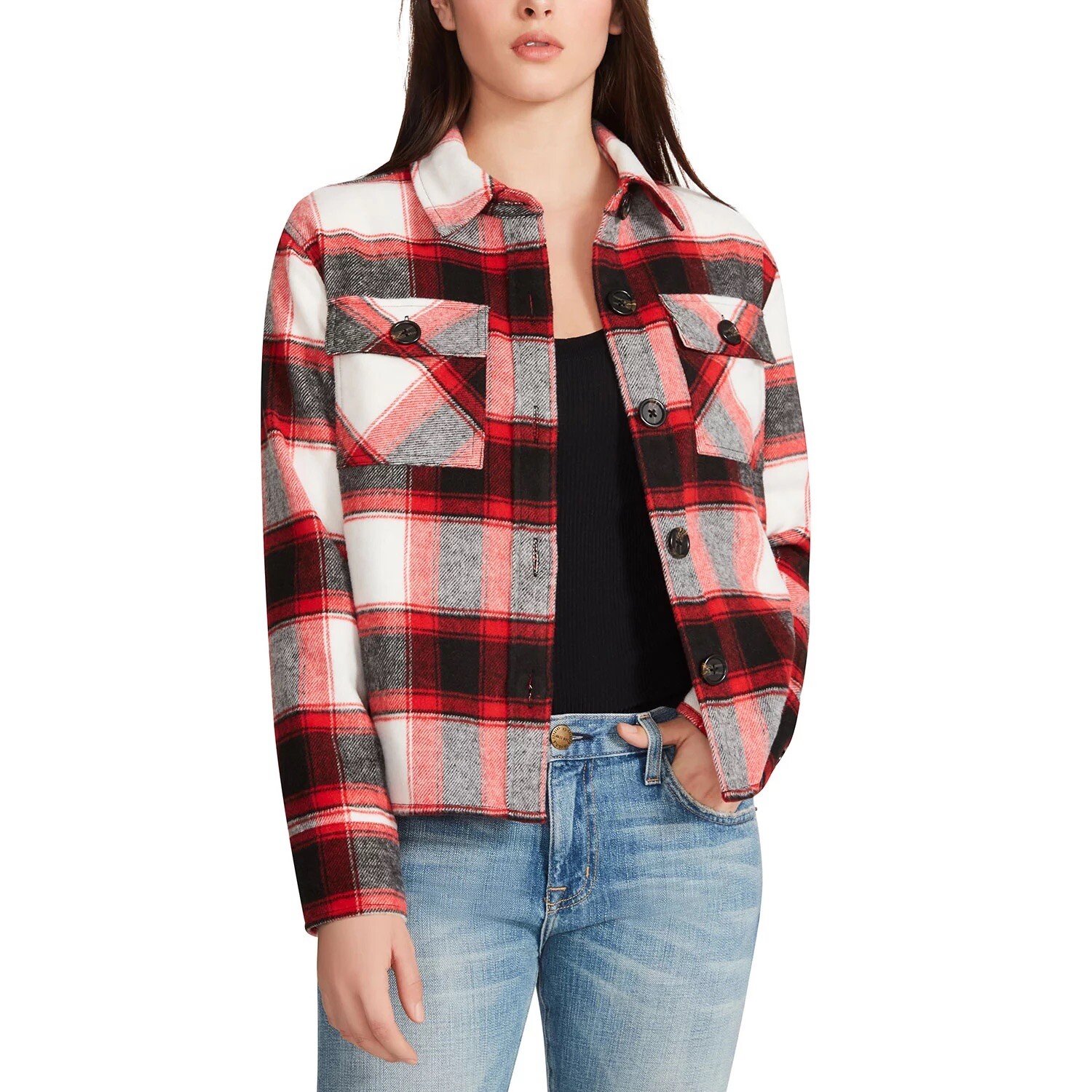 BB Dakota by Steve Madden Women’s Boxy Shacket Size M Racing Red Multi
