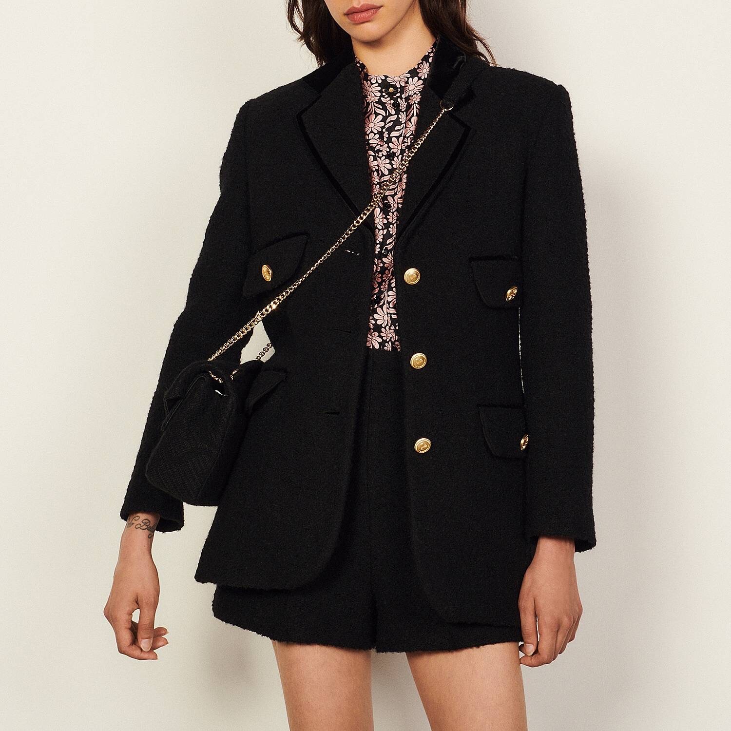 New SANDRO Nikita Tweed Wool Blend Jacket in Black Size 36 $595