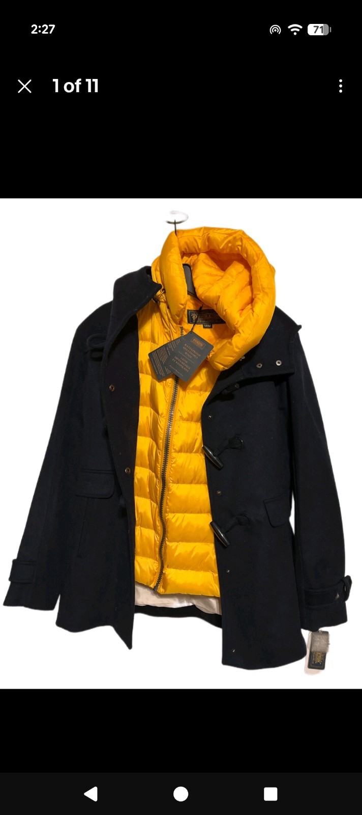 NWT Pendleton Dark Navy Wool hooded coat w removable hooded yellow down vest