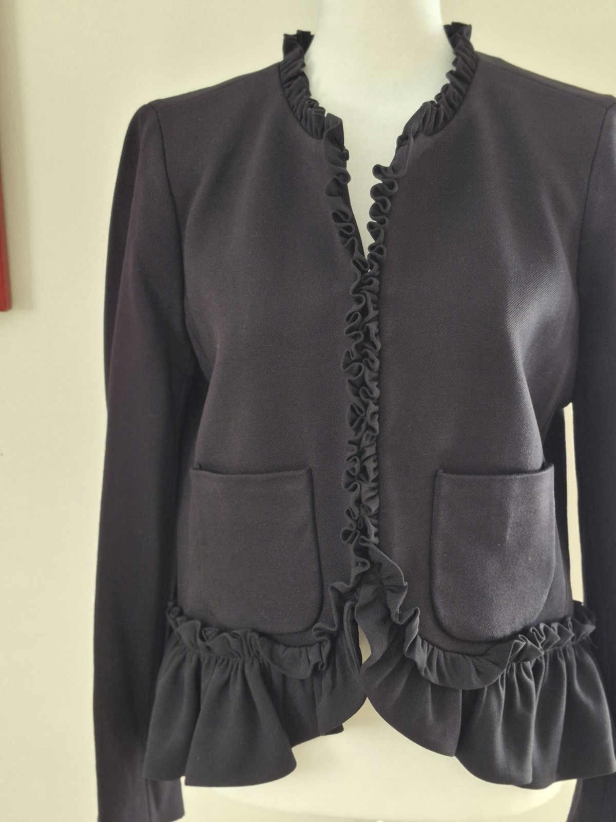 J.CREW Women’s Black Ruffle Trim Open Front Jacket Long Sleeve Pockets Sz 8