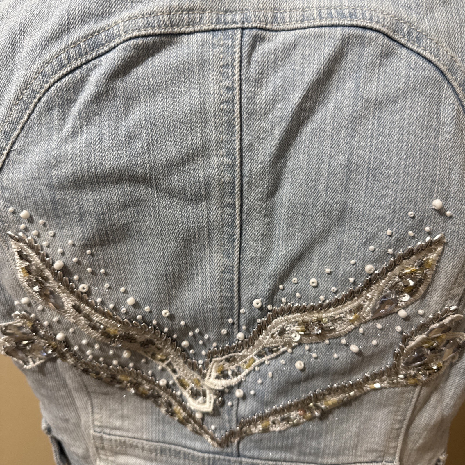 Women’s Sky Blue Cotton Denim Casual Boho Stretch Slim Beaded Tied Size S Vest