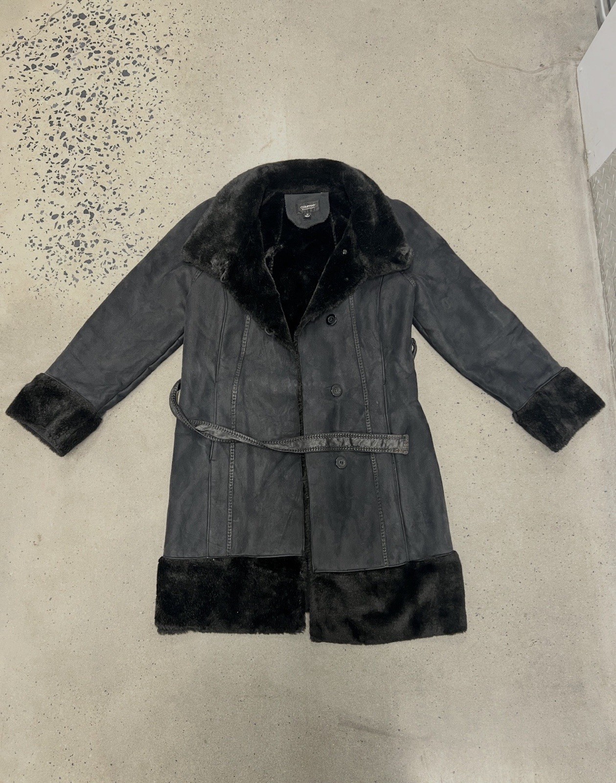 Black Fur Trim Belted Button Mid-Length Suede Overcoat for Women Regular Size
