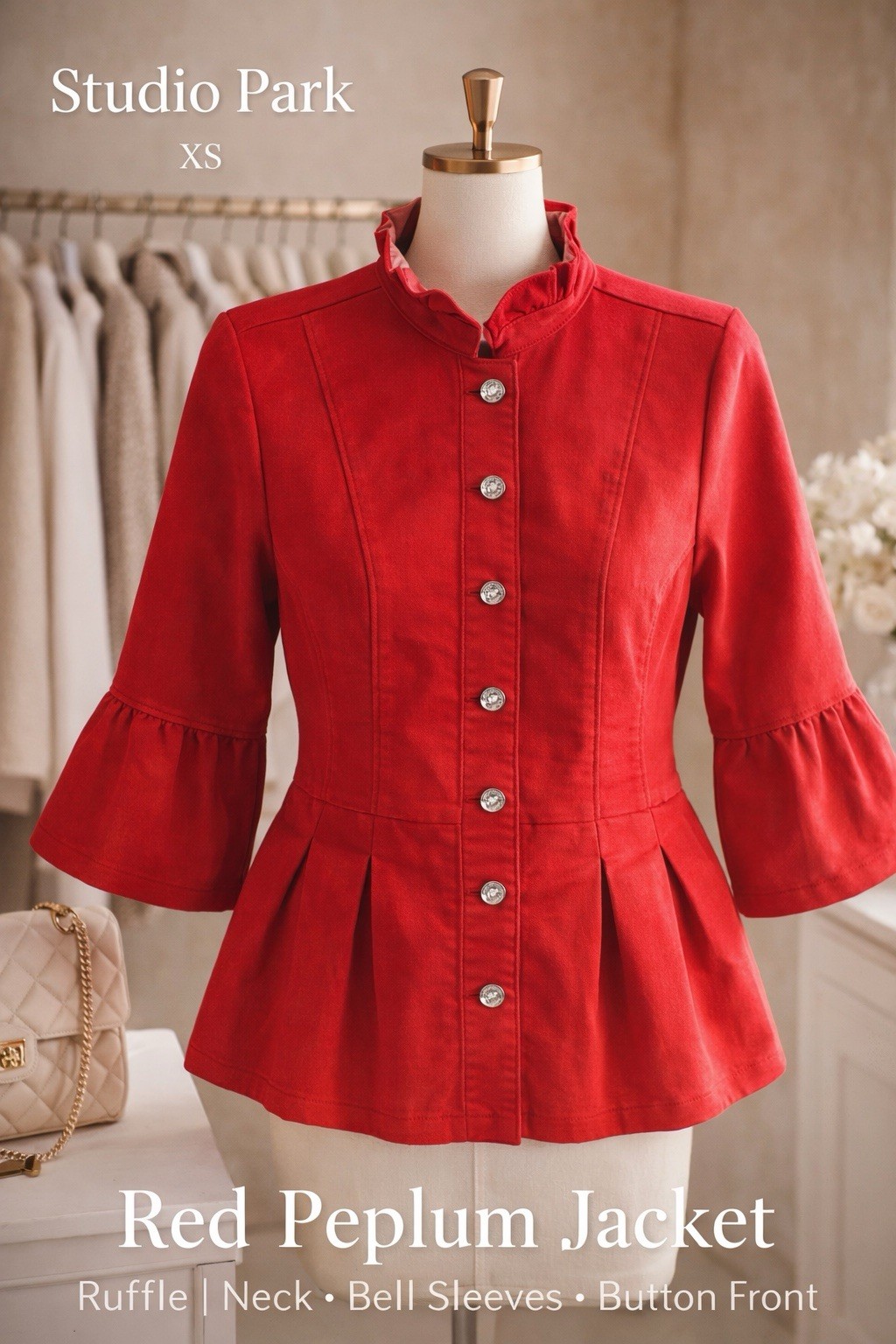 Studio Park Red Denim Peplum Jacket XS Ruffle Neck Button Front Stretch Cotton