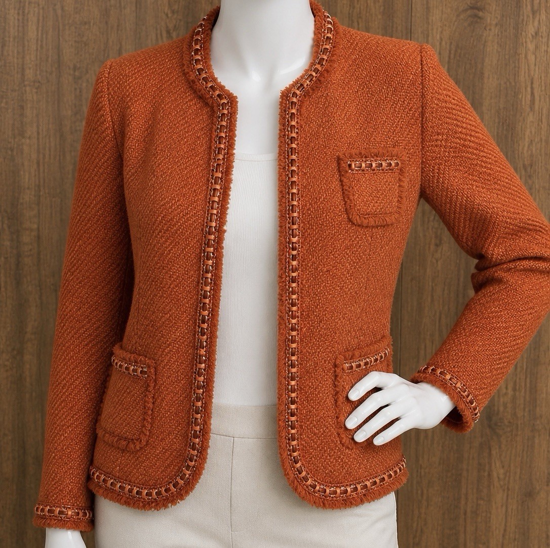 Dialogue Burnt Orange Textured Jacket Women’s Blazer Fringe Trim Size 8