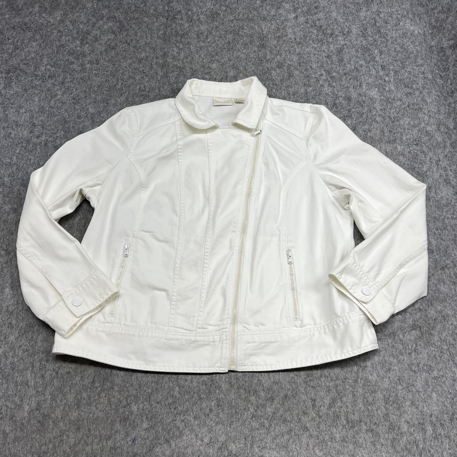Chicos Jacket Womens 3 White Cotton Twill Moto Full Zip Pockets Casual Travel