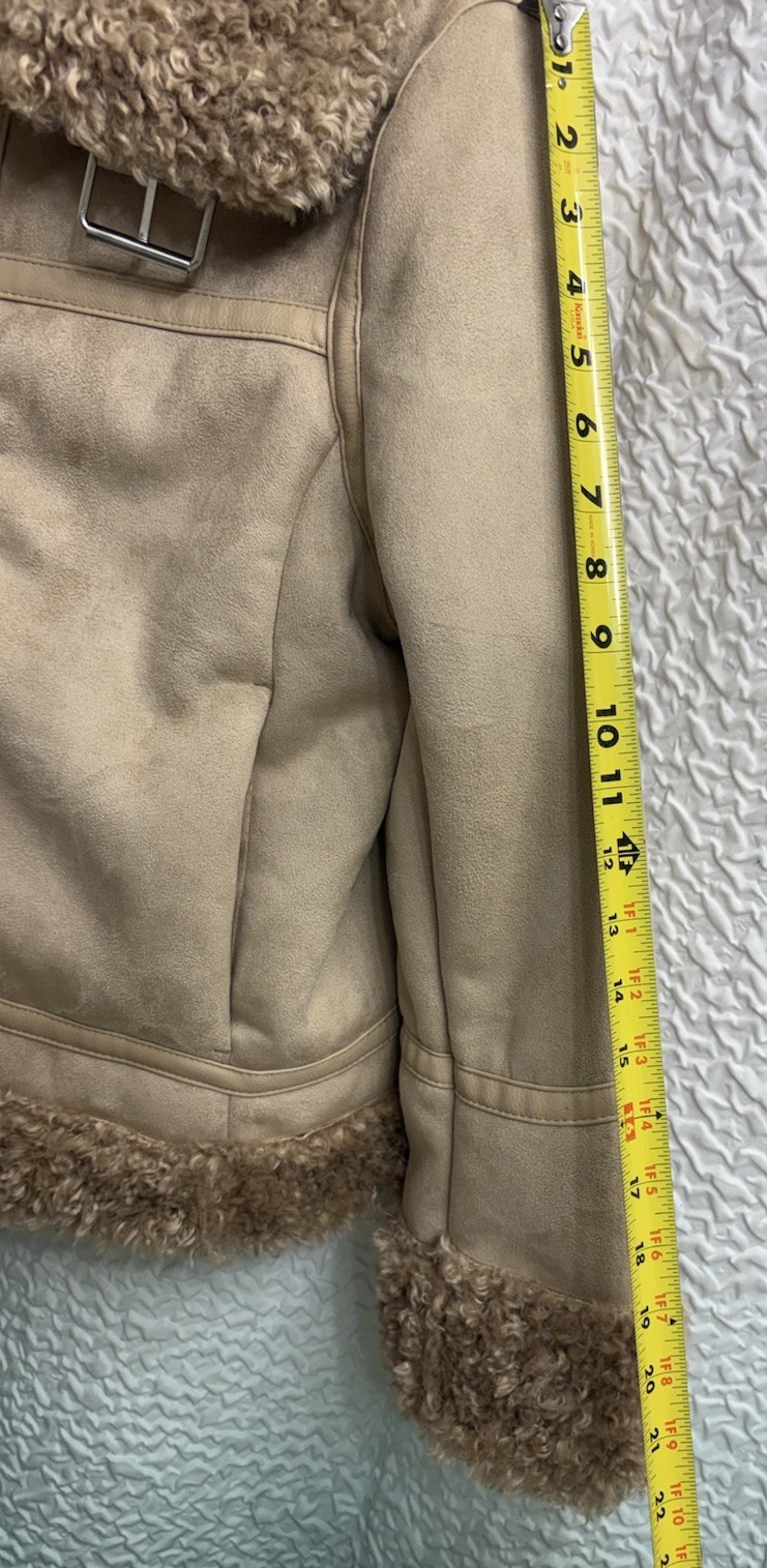 H&M Women SZ M Faux Suede Shearling Lined Aviator Jacket Tan Sherpa Biker Coat