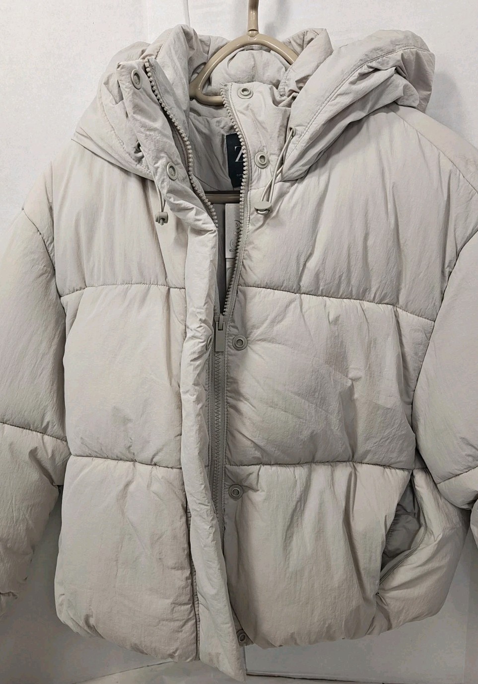ZARA Water Repellent Windproof Hooded Puffer Jacket Ecru Beige M NWT 4749/747