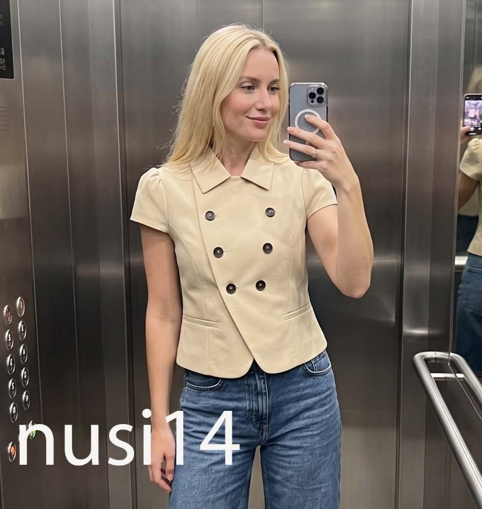 ZARA NEW WOMAN SHORT SLEEVE DOUBLE-BREASTED JACKET TAUPE BROWN 5063/705/704