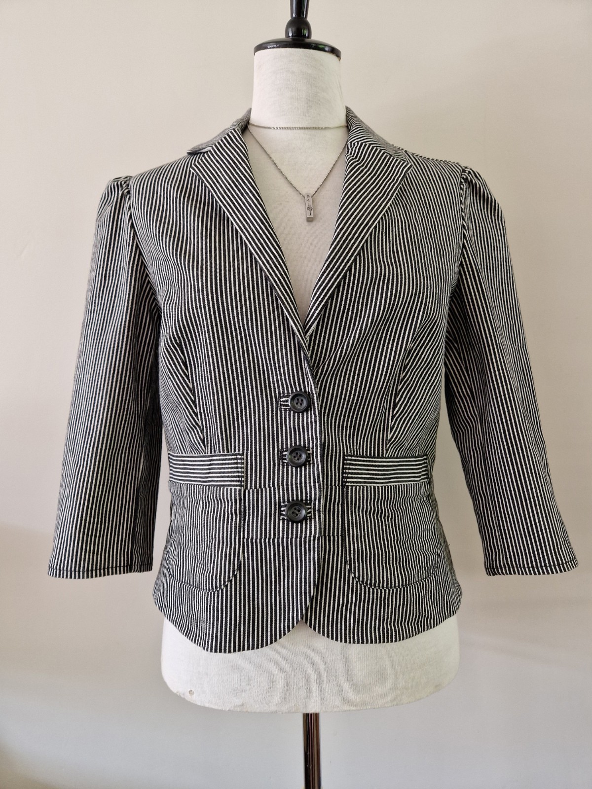 Principles Black White Pinstripe Cropped Puff Sleeve Blazer Jacket UK12