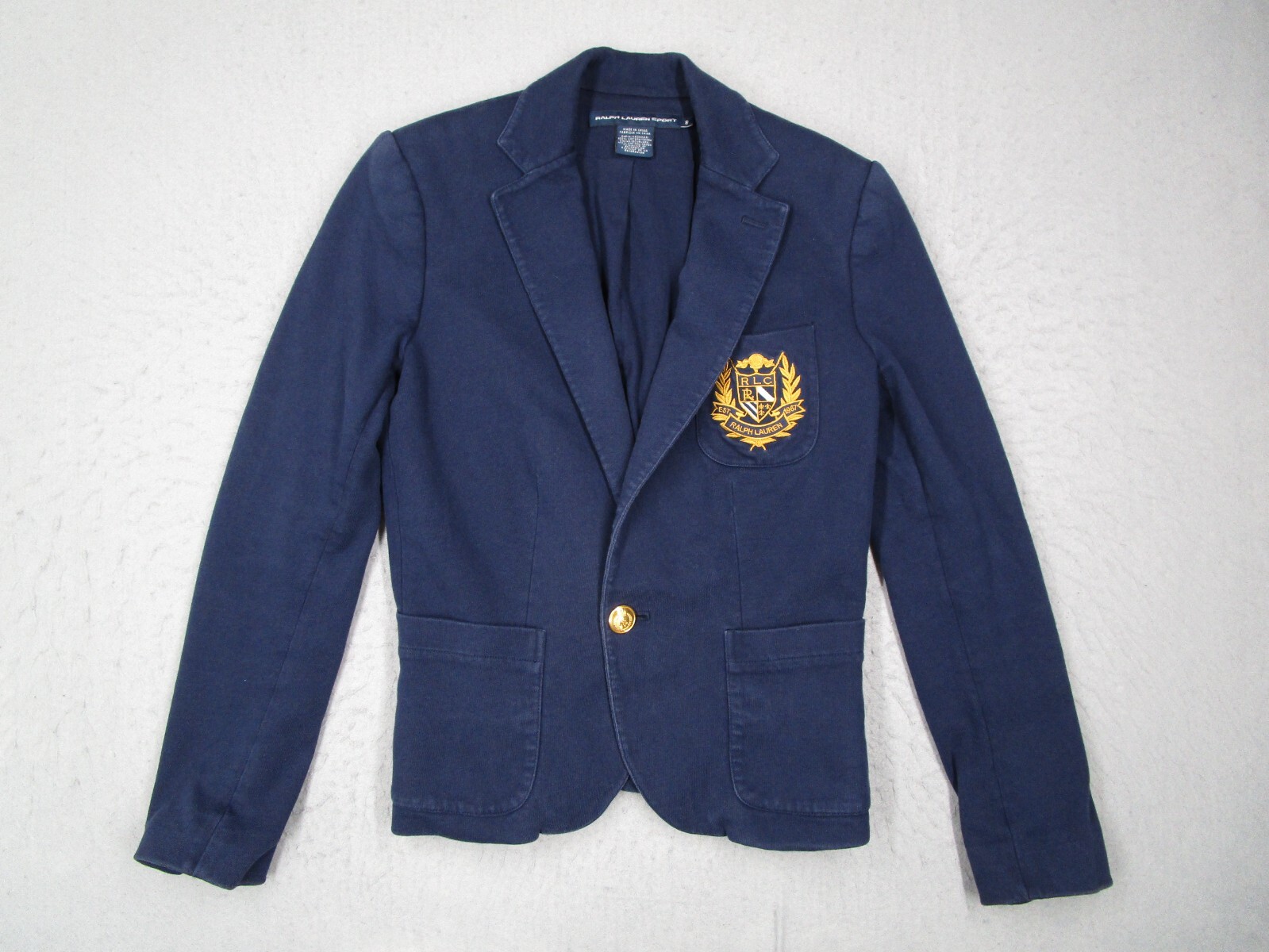 Ralph Lauren Sport Jacket Women 8 Blue 1 Button Blazer RLC Gold Crest Logo
