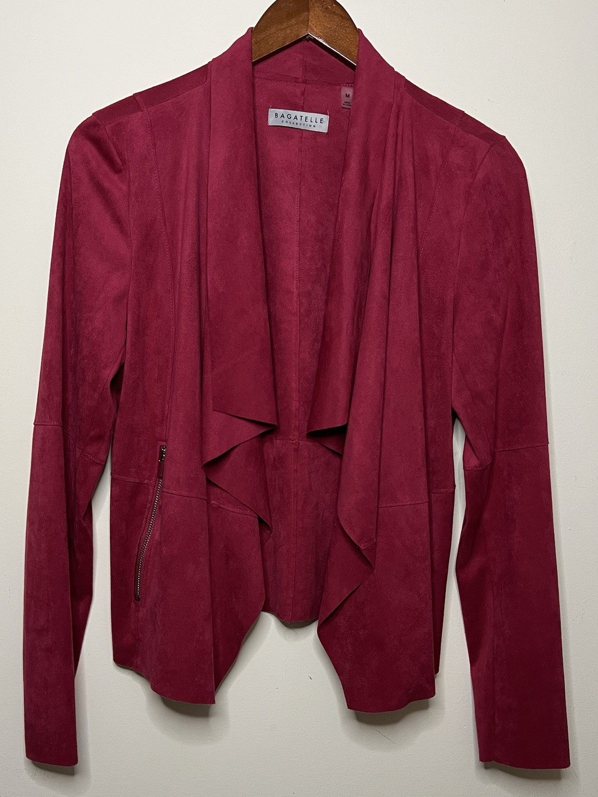 Bagatelle Women’s Magenta Faux Suede Open Front Draped Jacket, M, Zip Pockets
