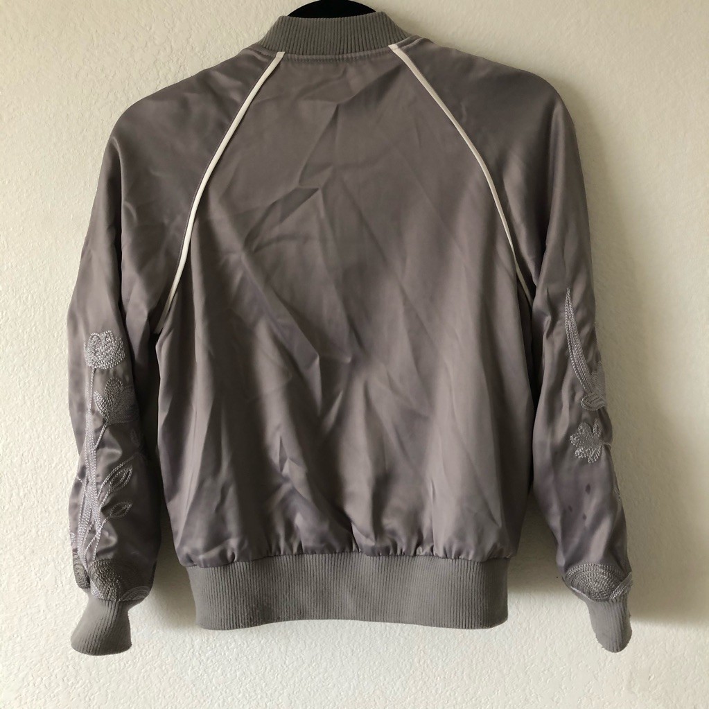 Dance & Marvel Embroidered Bomber Jacket Silver Satin Sz S