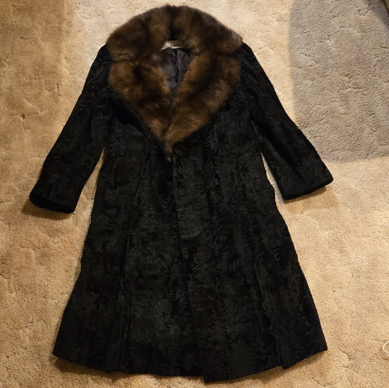 Vintage GALANOS Black Persian Lamb Fur Coat Brown Mink Sable Collar Couture M/L