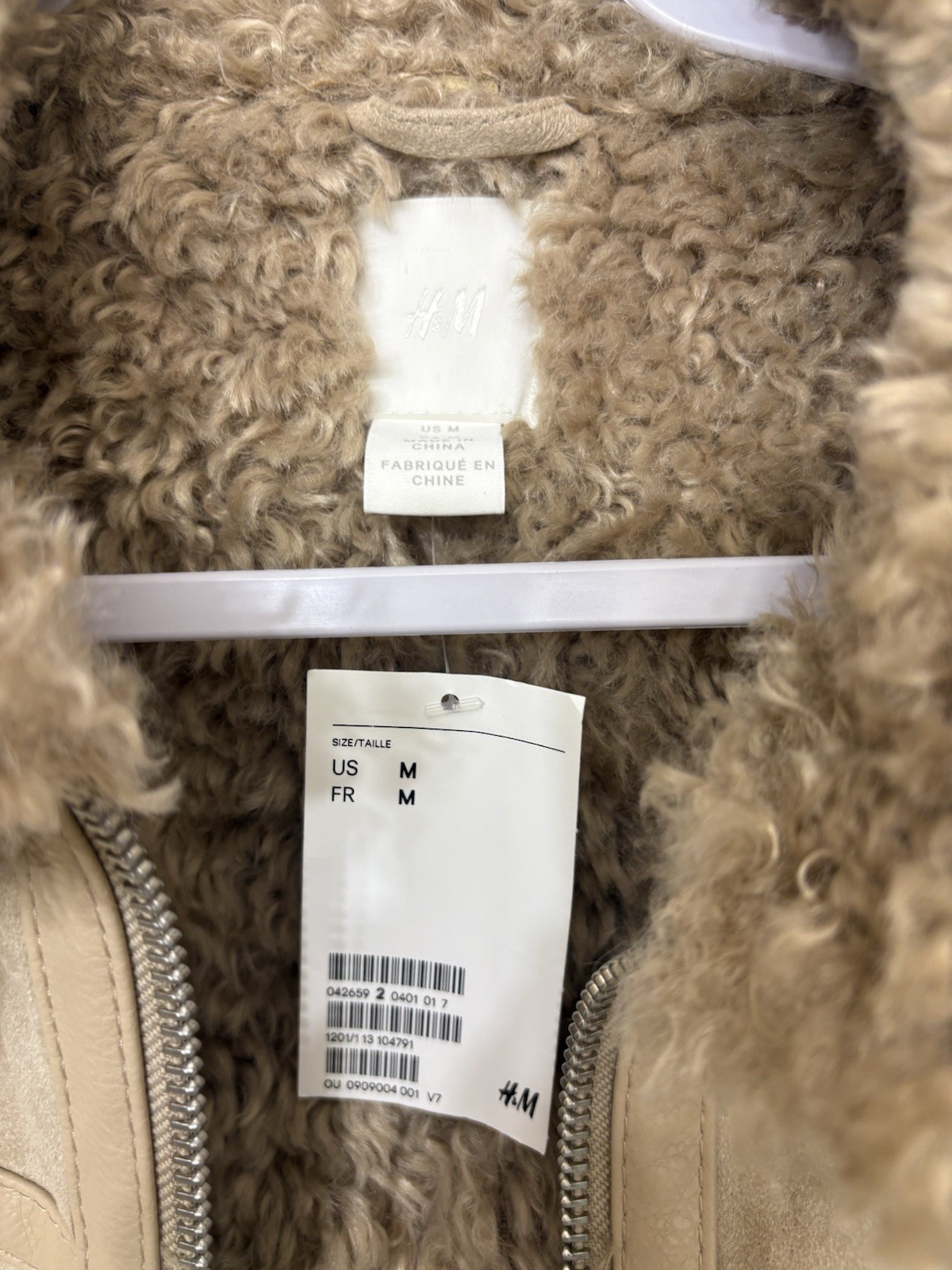 H&M Women SZ M Faux Suede Shearling Lined Aviator Jacket Tan Sherpa Biker Coat