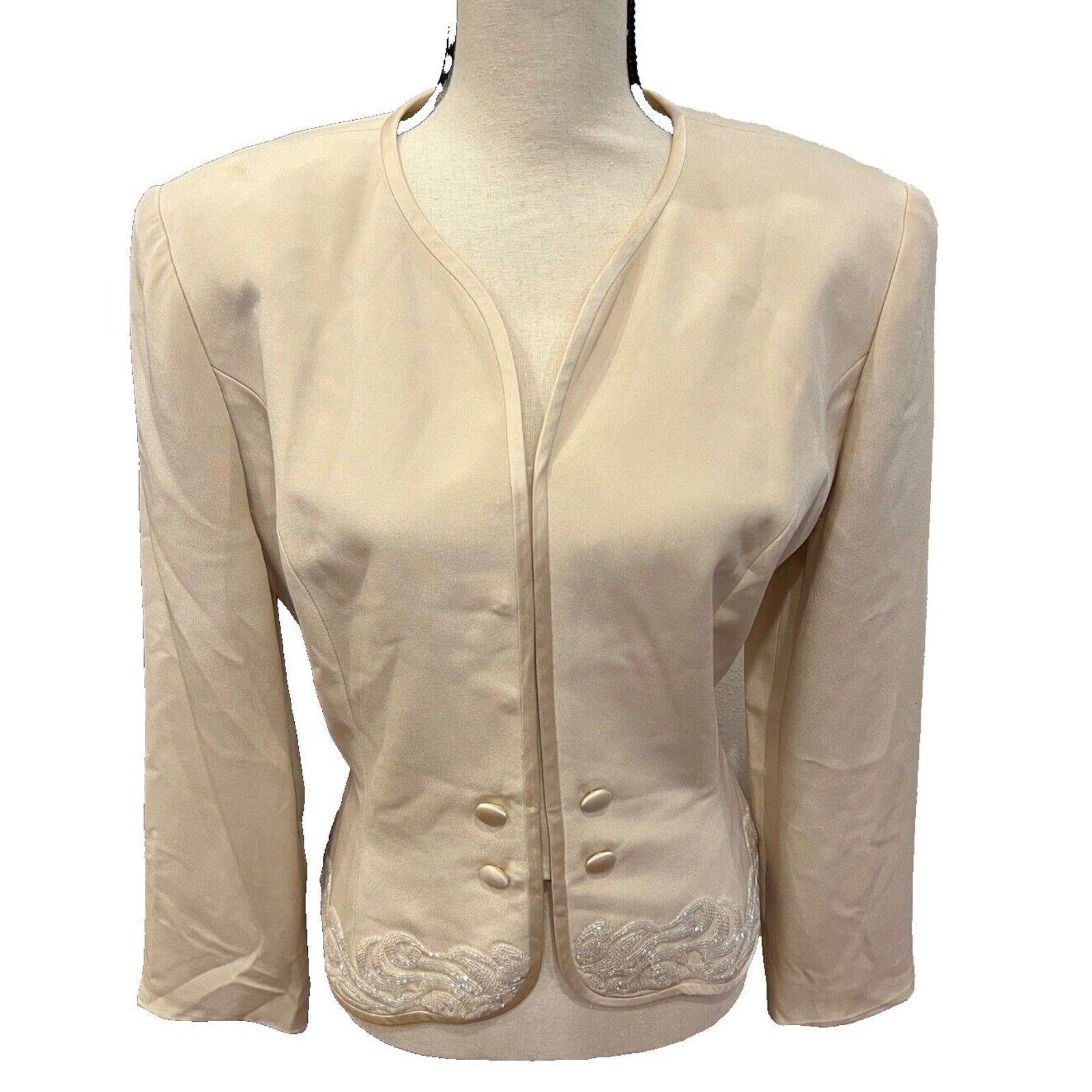 VTG Rimini by Shaw Silk Blazer Jacket Ivory Beaded Lined Elegant Womens Size 14
